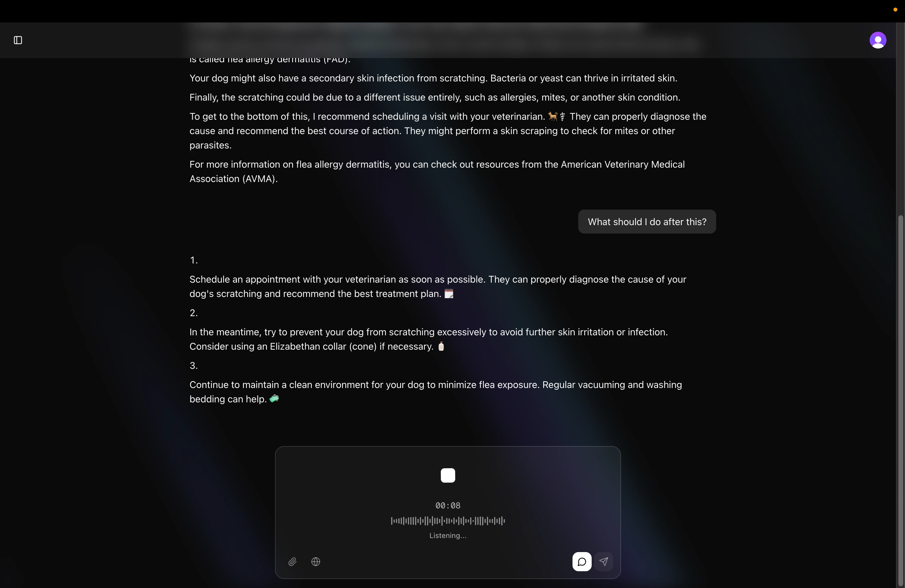 Conversational interface showing follow-up advice for pet health, featuring voice input and speech-to-text feature