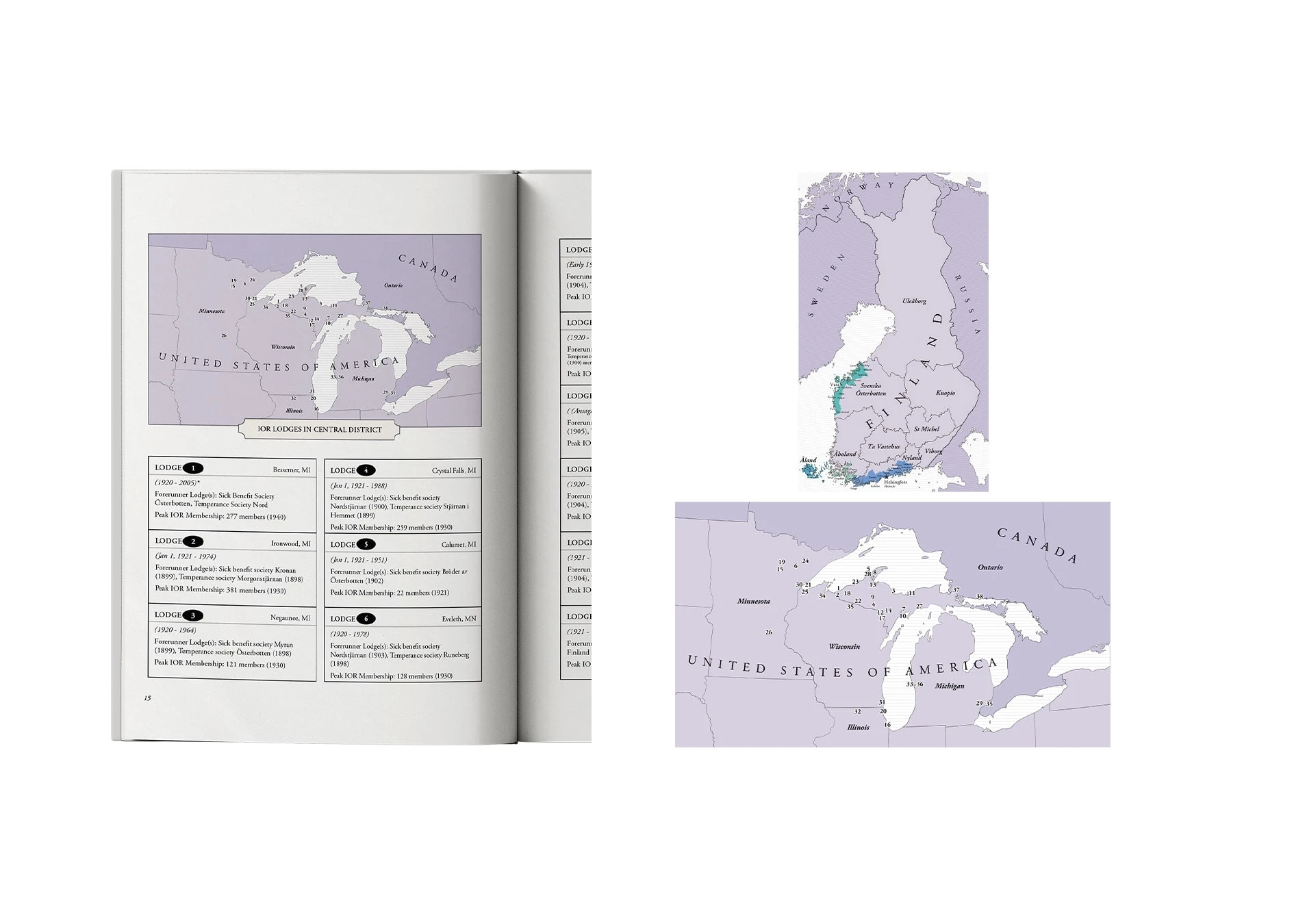 Previous aesthetic of Swedish-speaking regions of Finland applied to maps showing distribution of International Order of Runeberg lodges (1920-1992) across North America