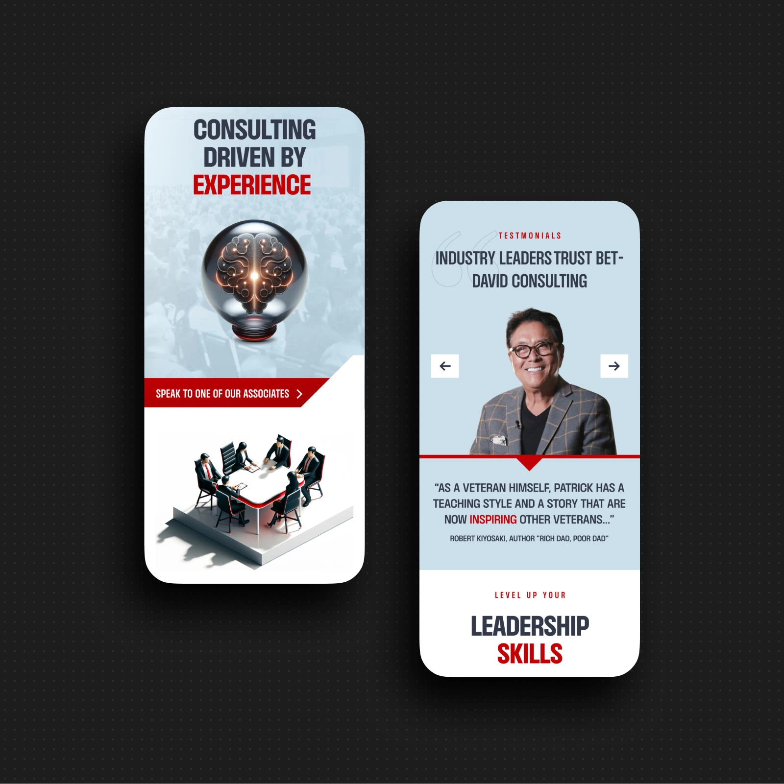 Strategic brain icon meets testimonial carousel. Trust signals combine with compelling CTAs to drive engagement.