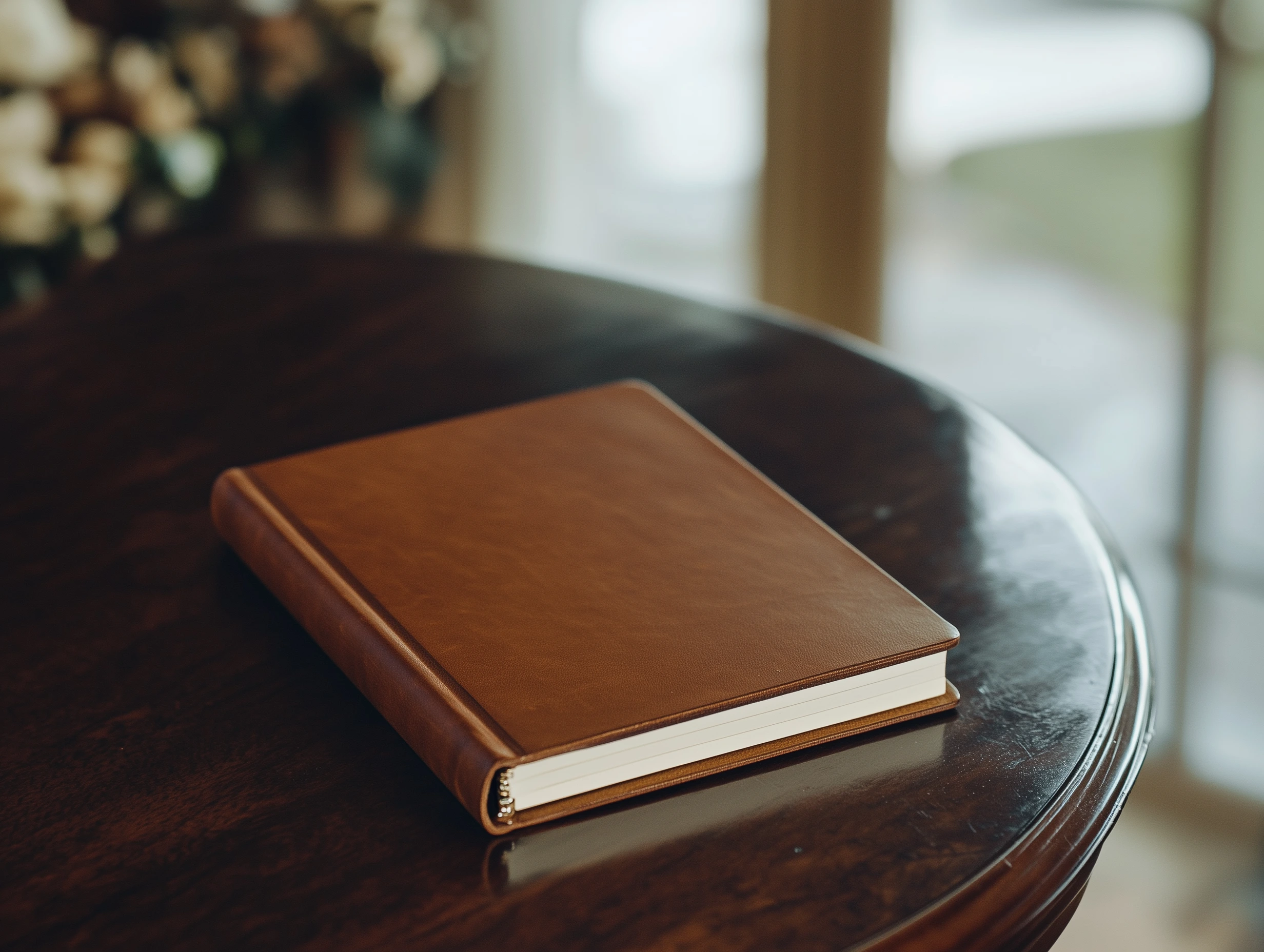 Rich handcrafted leather journal showcased in warm, wood-paneled study environment. Dramatic lighting with deep shadows creating vintage atmosphere. Old Study color palette with deep browns, amber accents, and aged brass highlights. Professional still life photography with storytelling elements and craftsmanship details. Negative prompt: bright colors, modern elements, plastic materials, fluorescent lighting, clinical feeling, cold tones, minimalist, sterile environment, flat composition