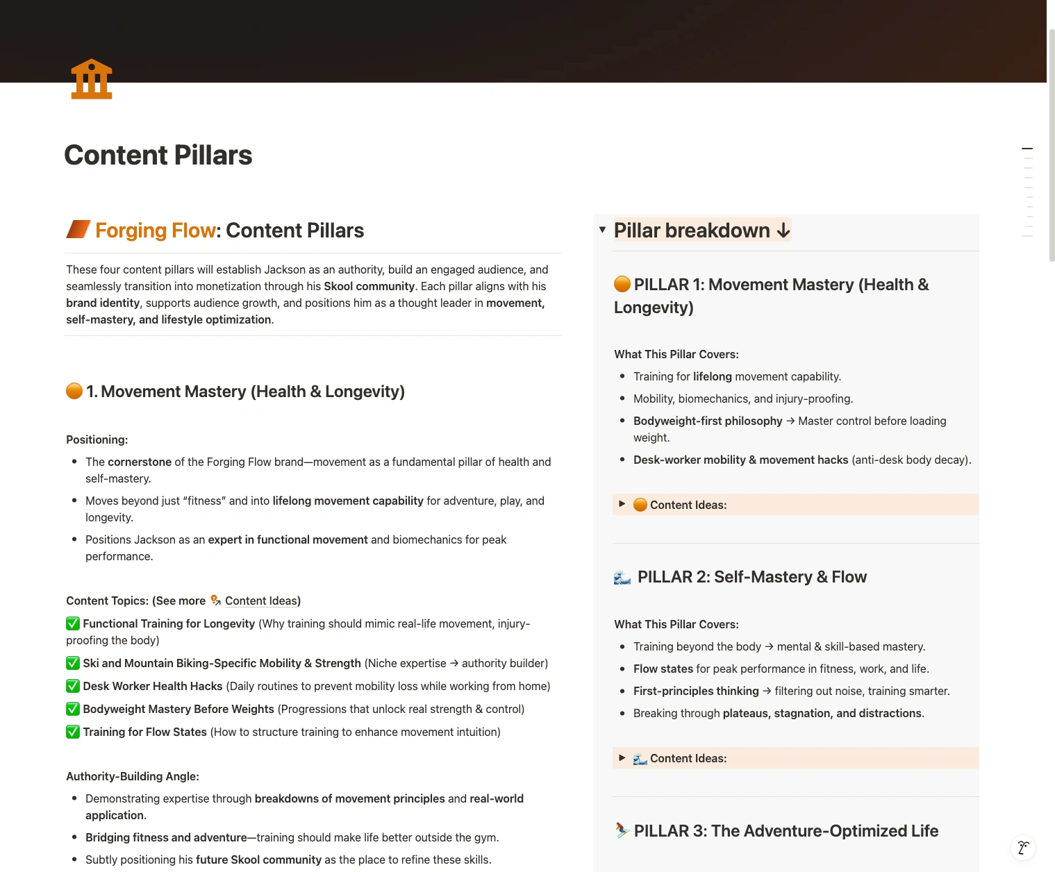 Screenshot of the Content Pillars in the Notion Mega-Document