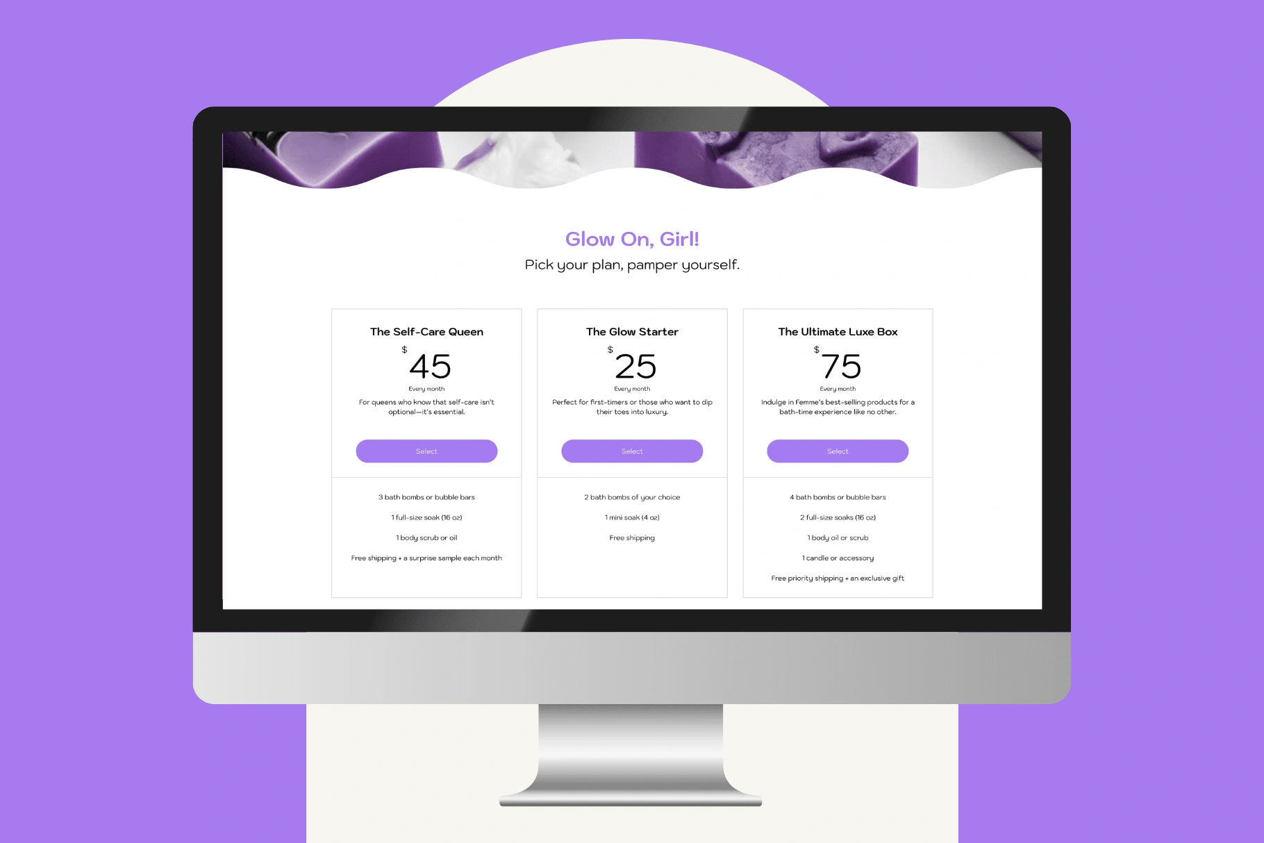 ✨ Pick your plan, pamper yourself. Three subscription tiers built right into the template—because self-care should be as effortless as your checkout flow.