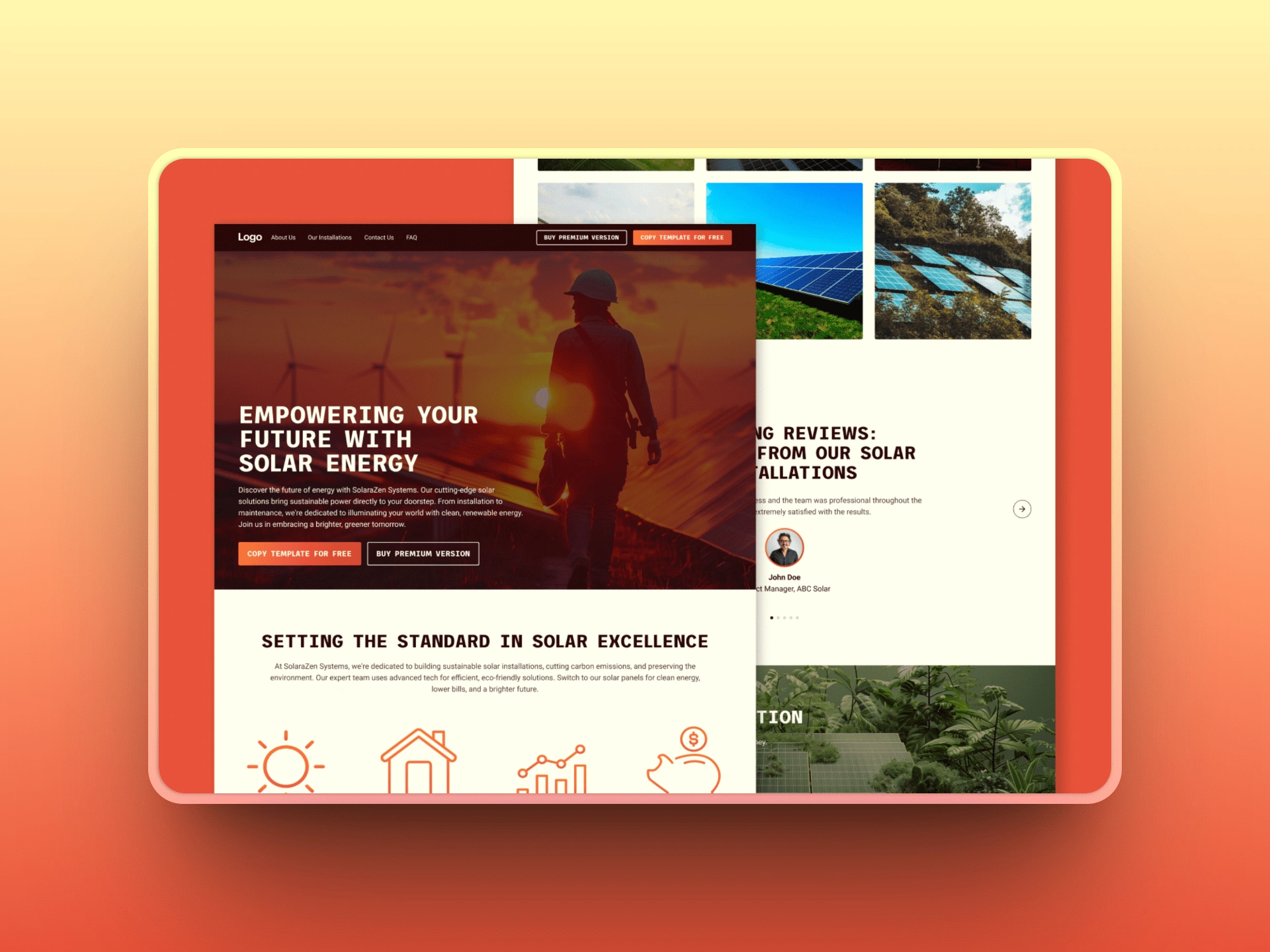SolaraZen is a solar services template with a simple yet vibrant design, inspired by the sun's energy, combining warmth and professionalism.