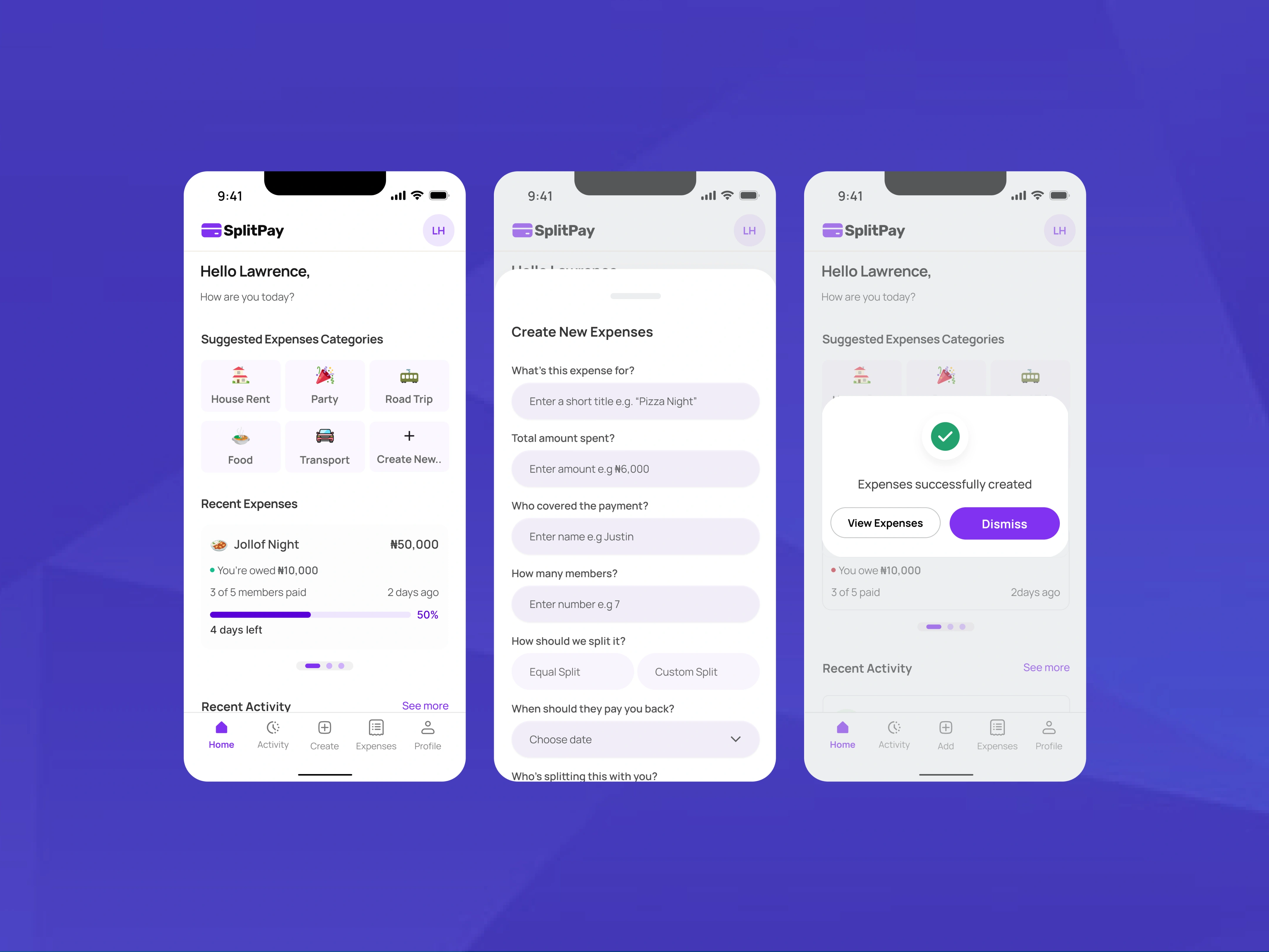 Home, create new expenses & expenses successfully screen.