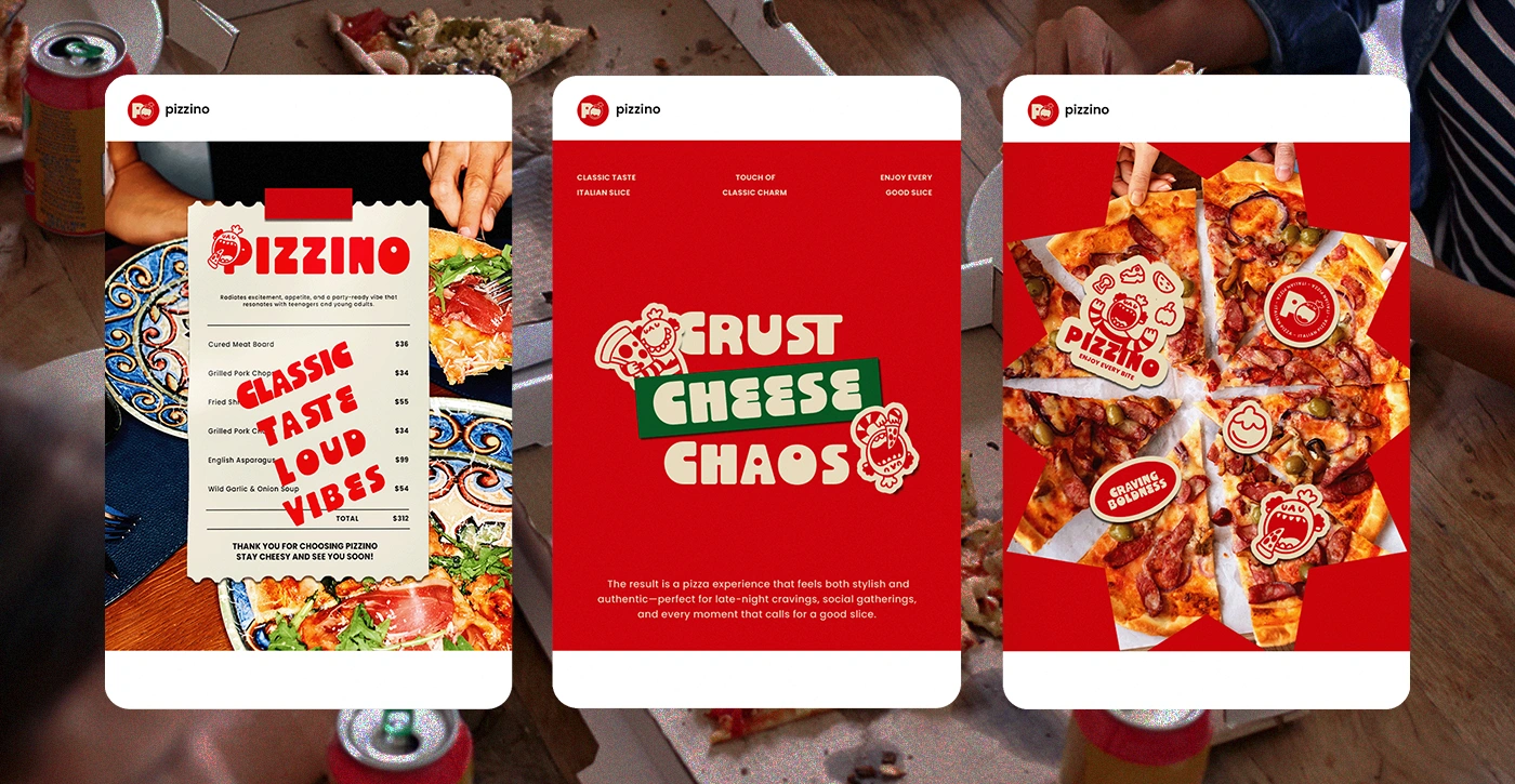 Instagram carousel design featuring Pizzino’s brand slogans and pizza lifestyle.