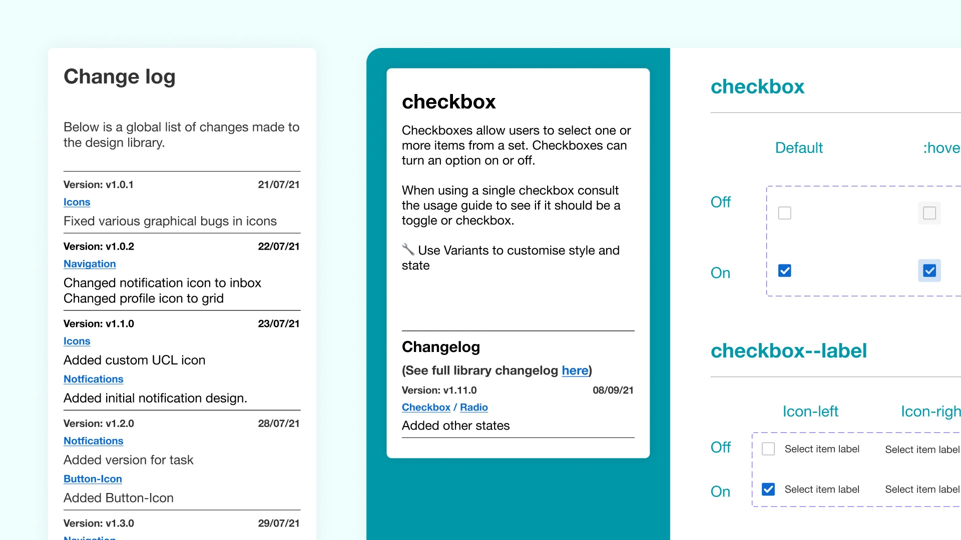 My favourite page in figma. Was so cool to feel like I was part of a technical team, responsible for their own design documentation.