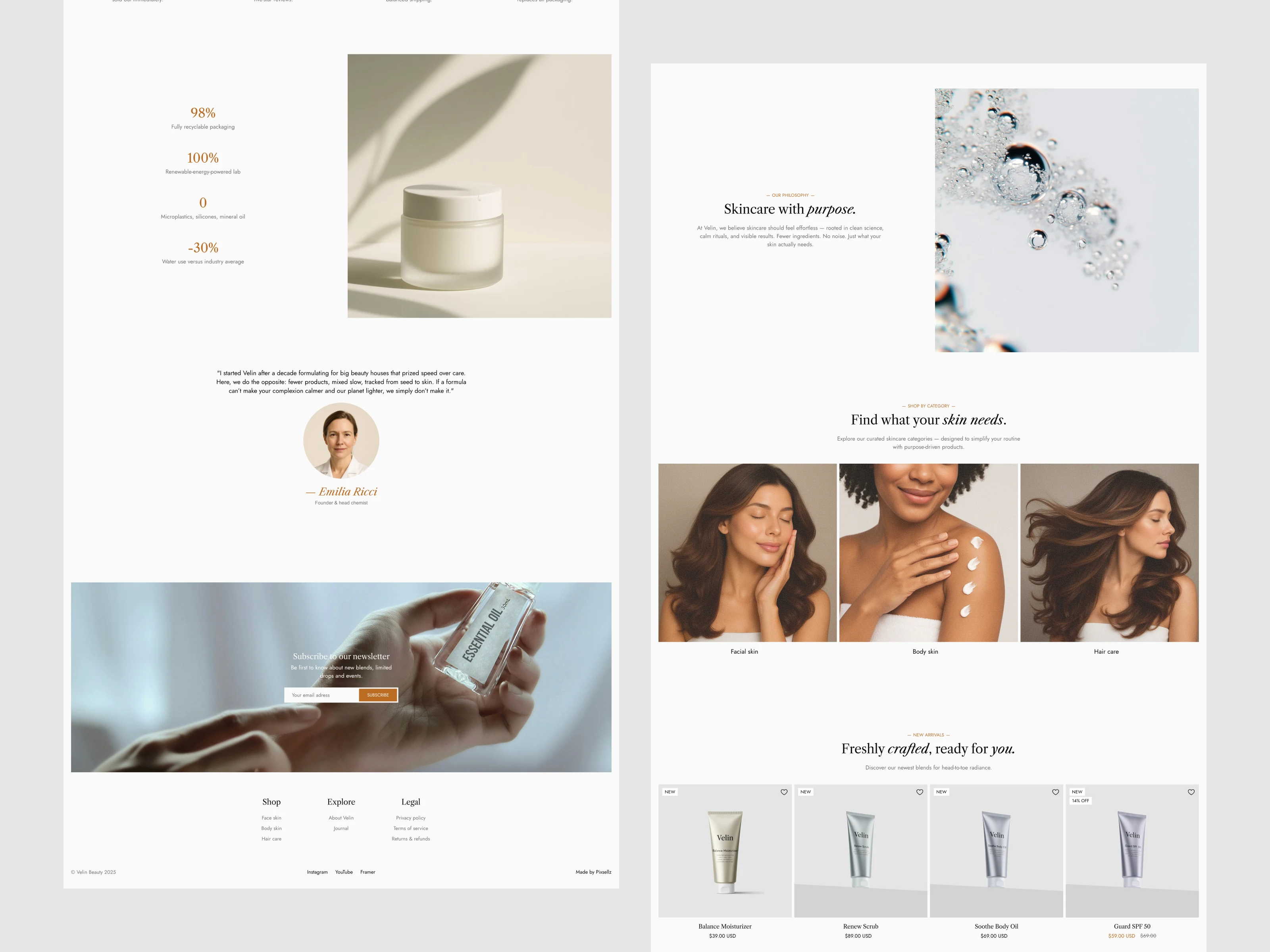 Home and about pages with clean, minimal skincare design.