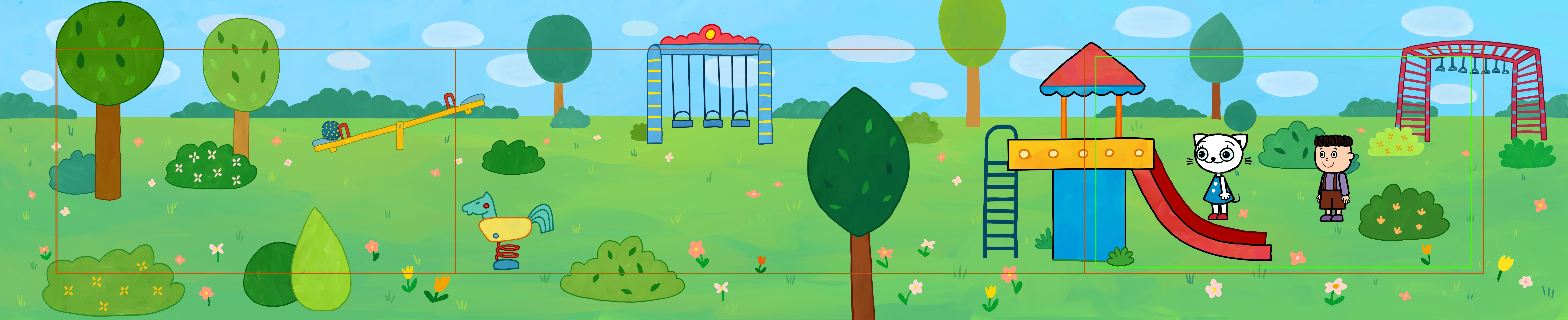 Each illustration was created based on animatic and layout references, and adjusted to the required scene dimensions. As shown in the example, this background was designed for a side-scrolling shot — the green frame represents the Full HD frame size used during animation.