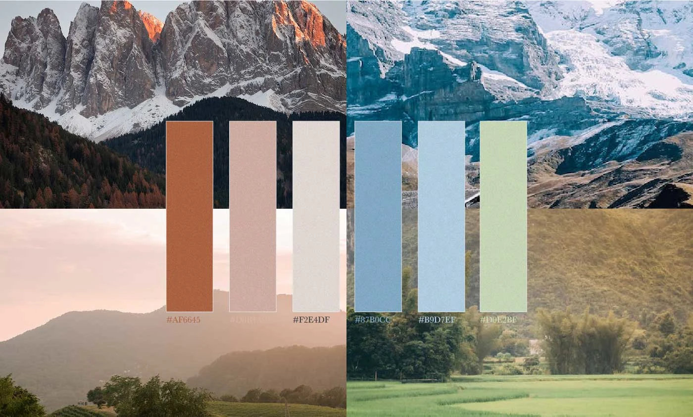  The overall effect of this color palette is calming and serene, creating a sense of peace and tranquility that is often associated with the natural beauty of mountain landscapes.