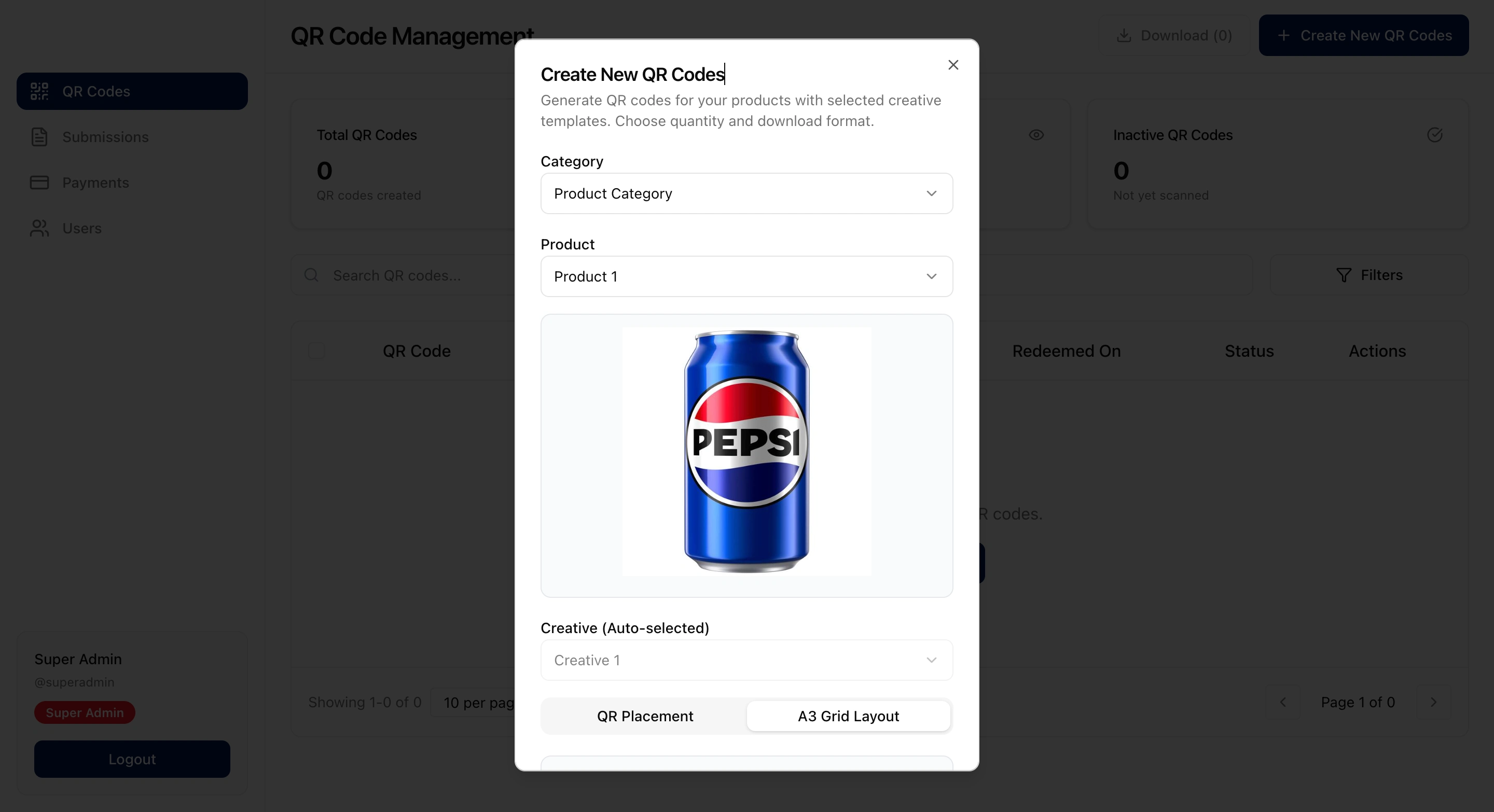 Dashboard | Admin | Create QR codes