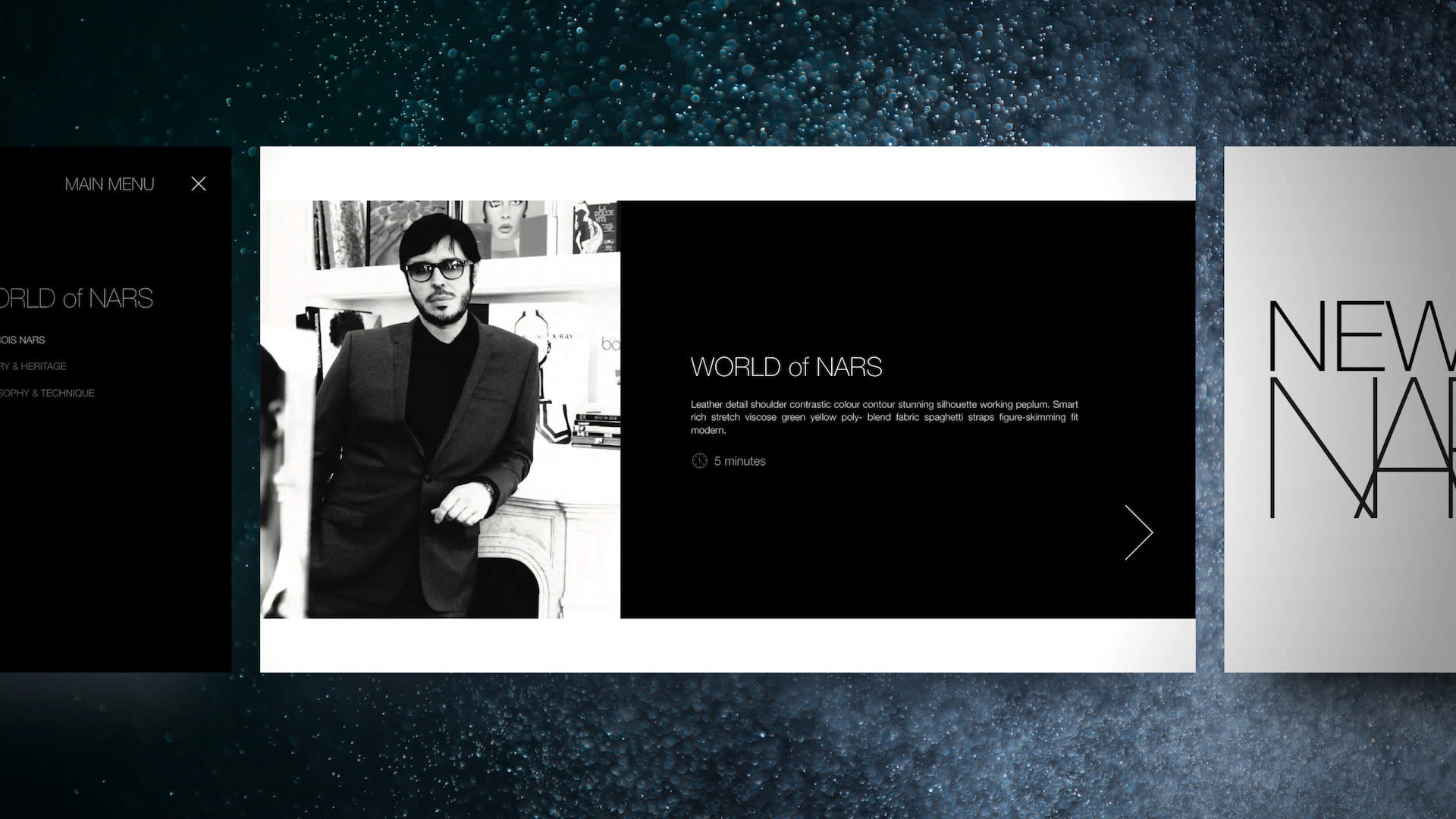 NARS Cosmetics World of NARS course introduction screen featuring black and white portrait of founder François Nars in studio setting with 5-minute course duration indicator and navigation controls on split dark/light interface.