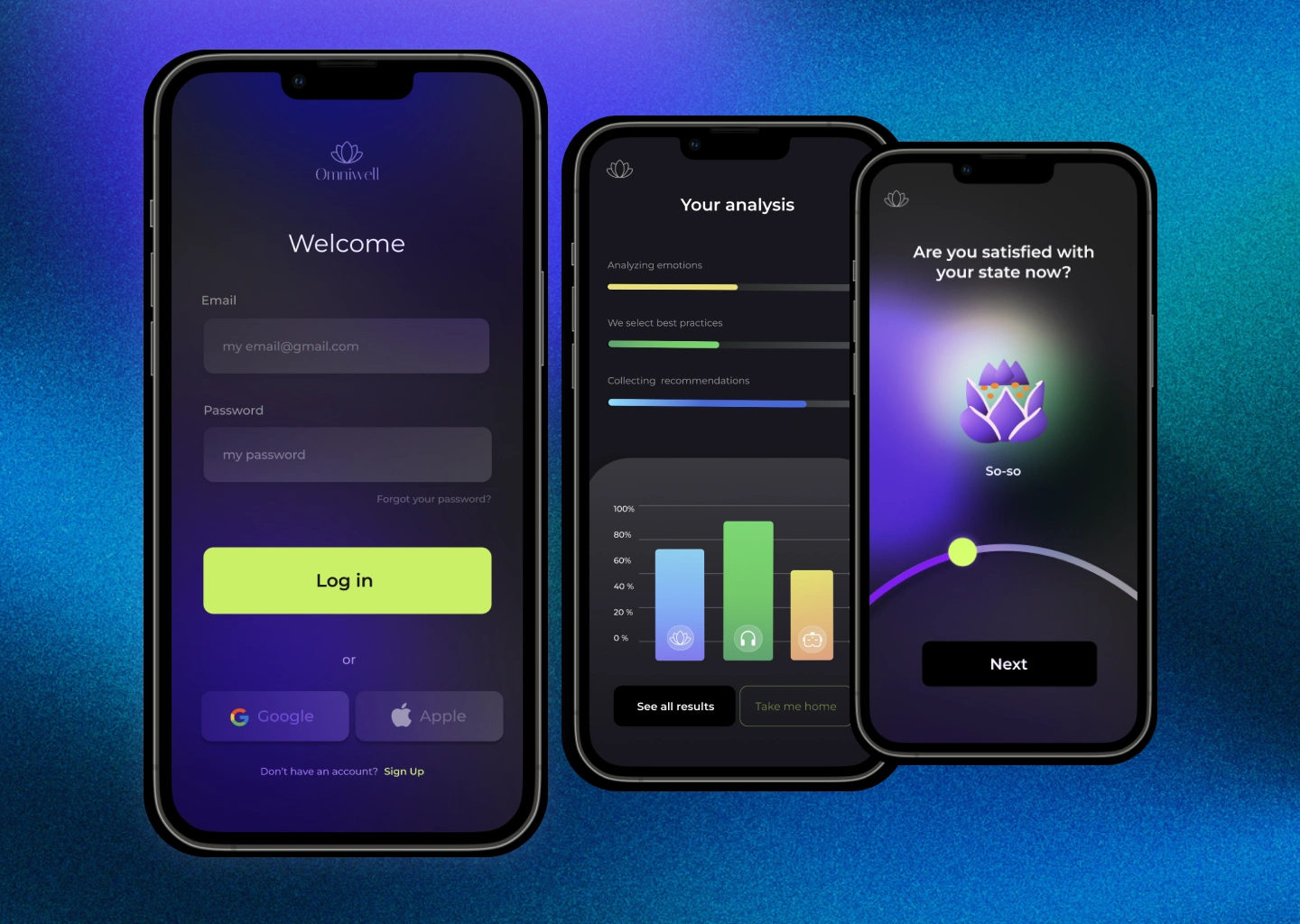  Smooth onboarding with third-party logins and calming UI to welcome users into a mindful space.