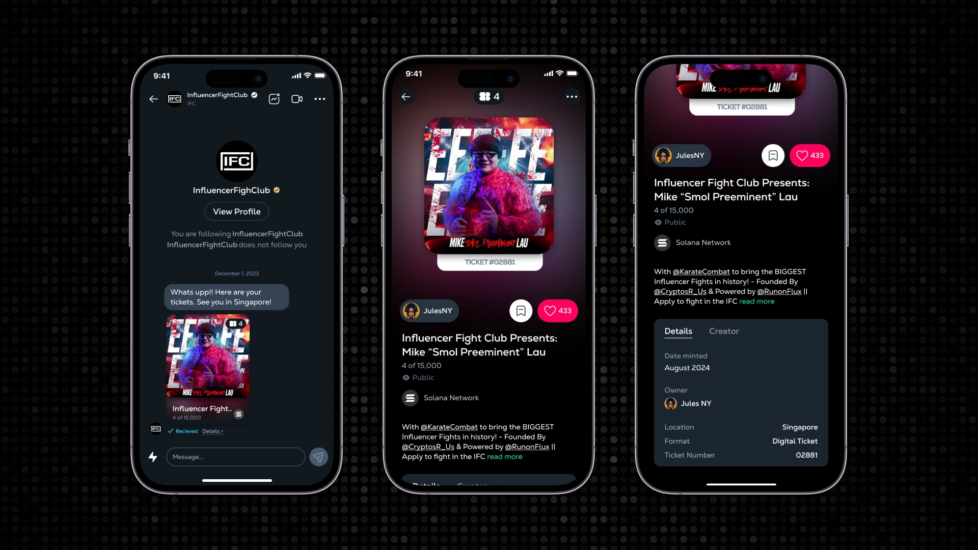 Purchased tickets are airdropped directly to the buyer's wallet and surfaced through DMs as a simple text message.