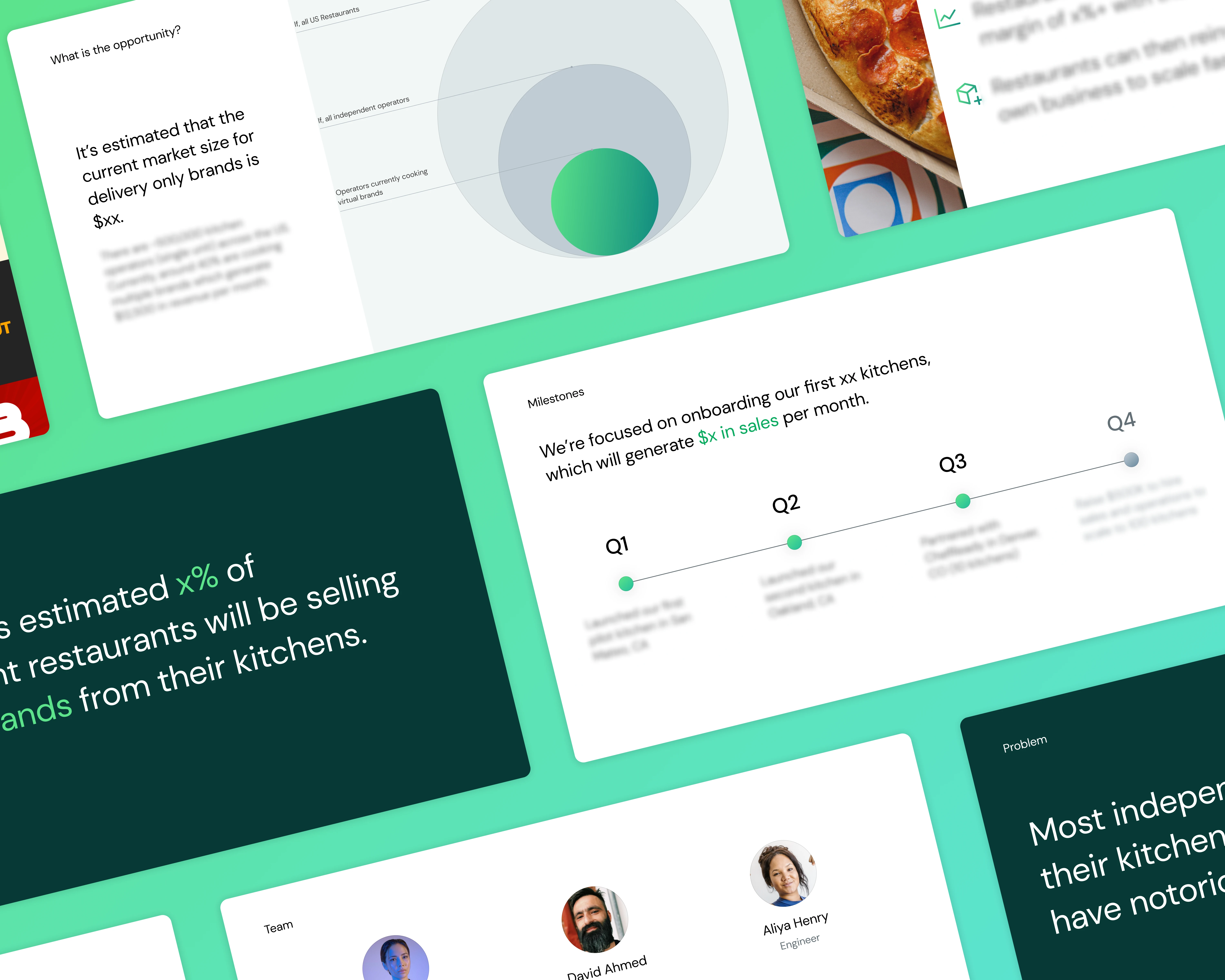 Sample slides from pitch deck, confidential content blurred out.