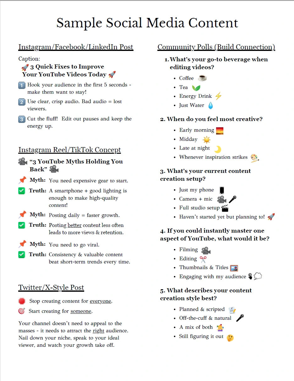 Sample social media content showcasing versatility across platforms. This includes text post ideas for Instagram, Facebook, LinkedIn, and X, plus engaging community poll prompts. 