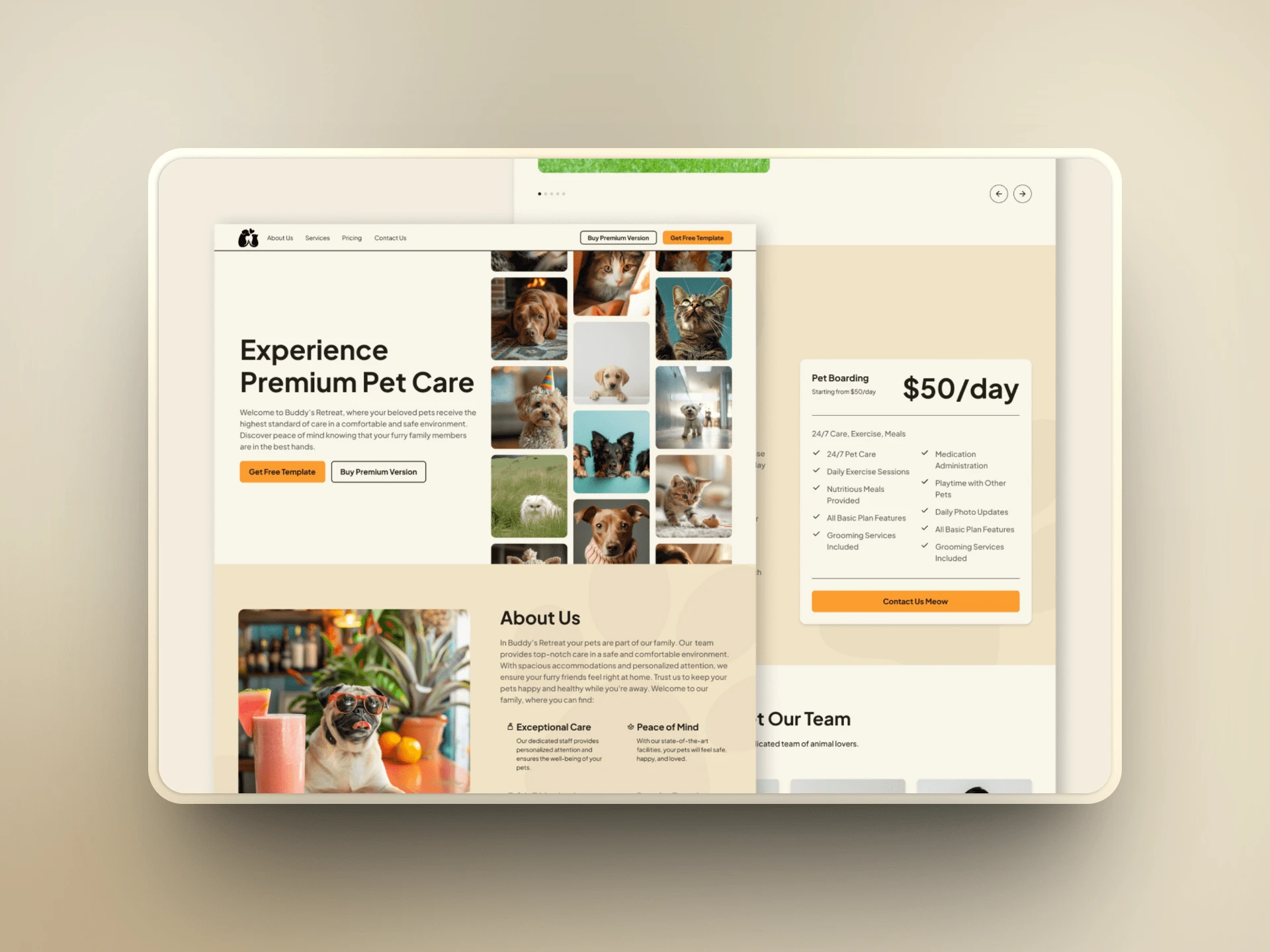 Buddy's Retreat is a pet boarding template with a simple design, pops of color and textures, that offers a friendly yet professional vibe.