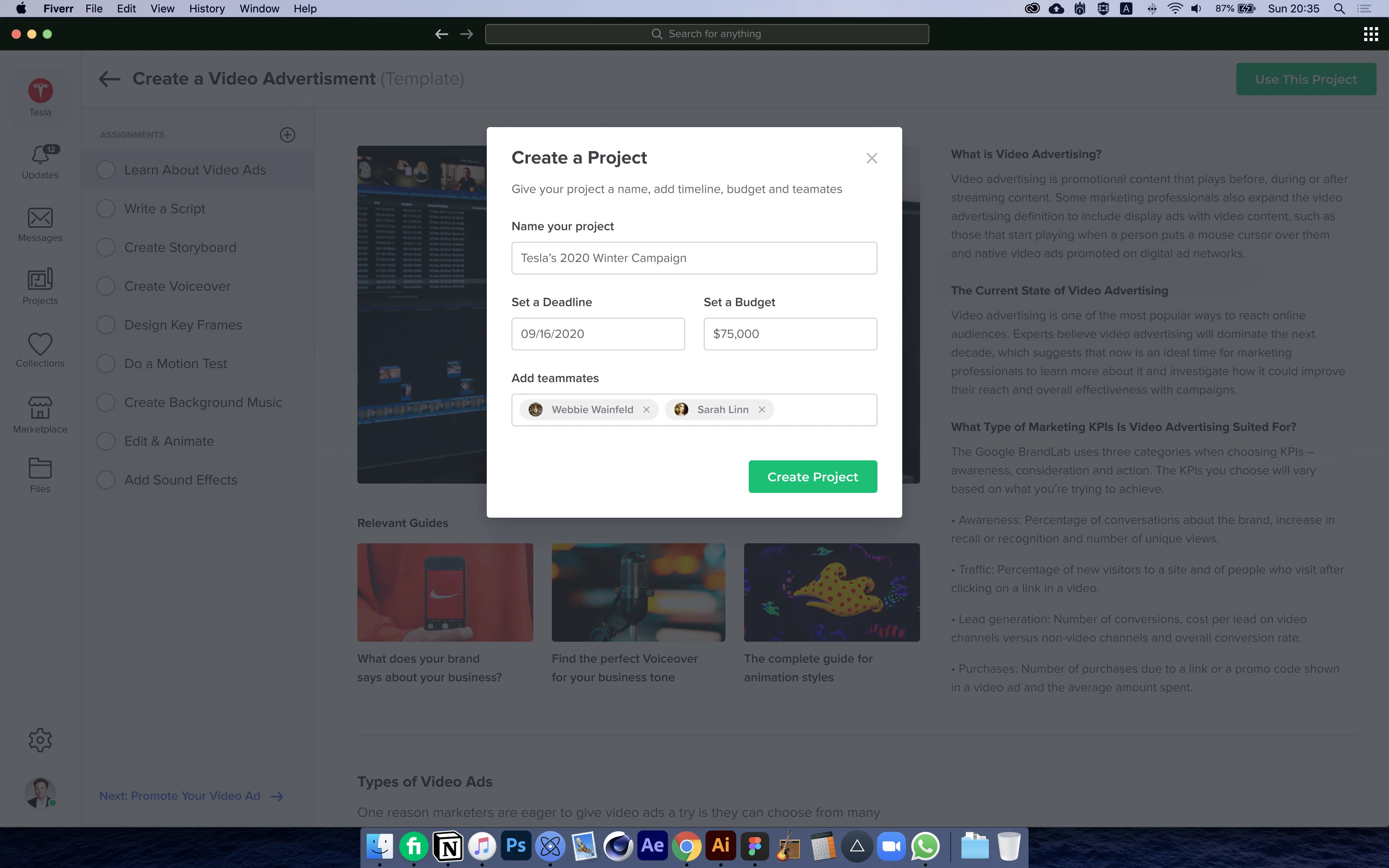 Project creation pop up