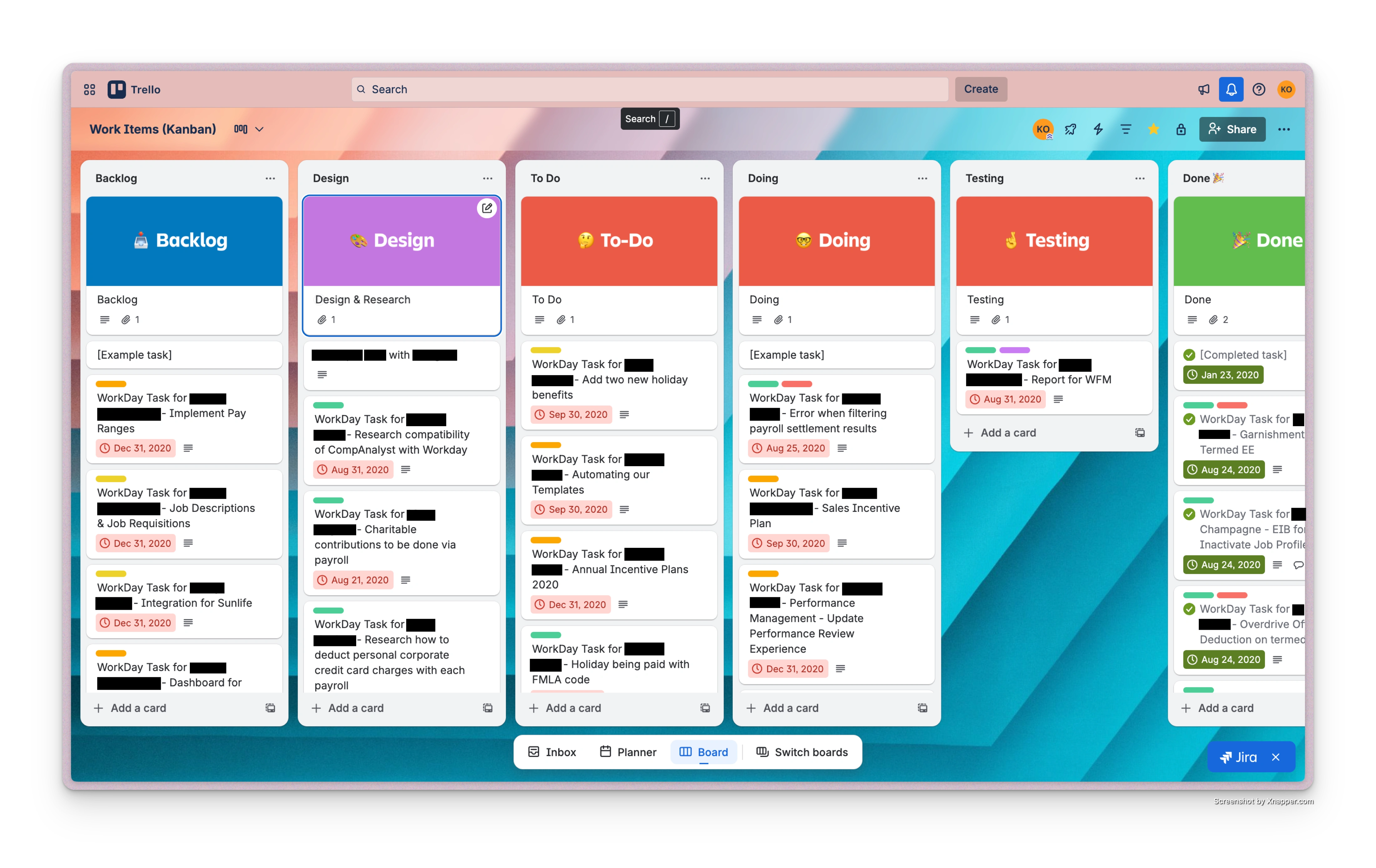 Kanban board used by the Workday Analyst Team to track progress and communicate priorities.