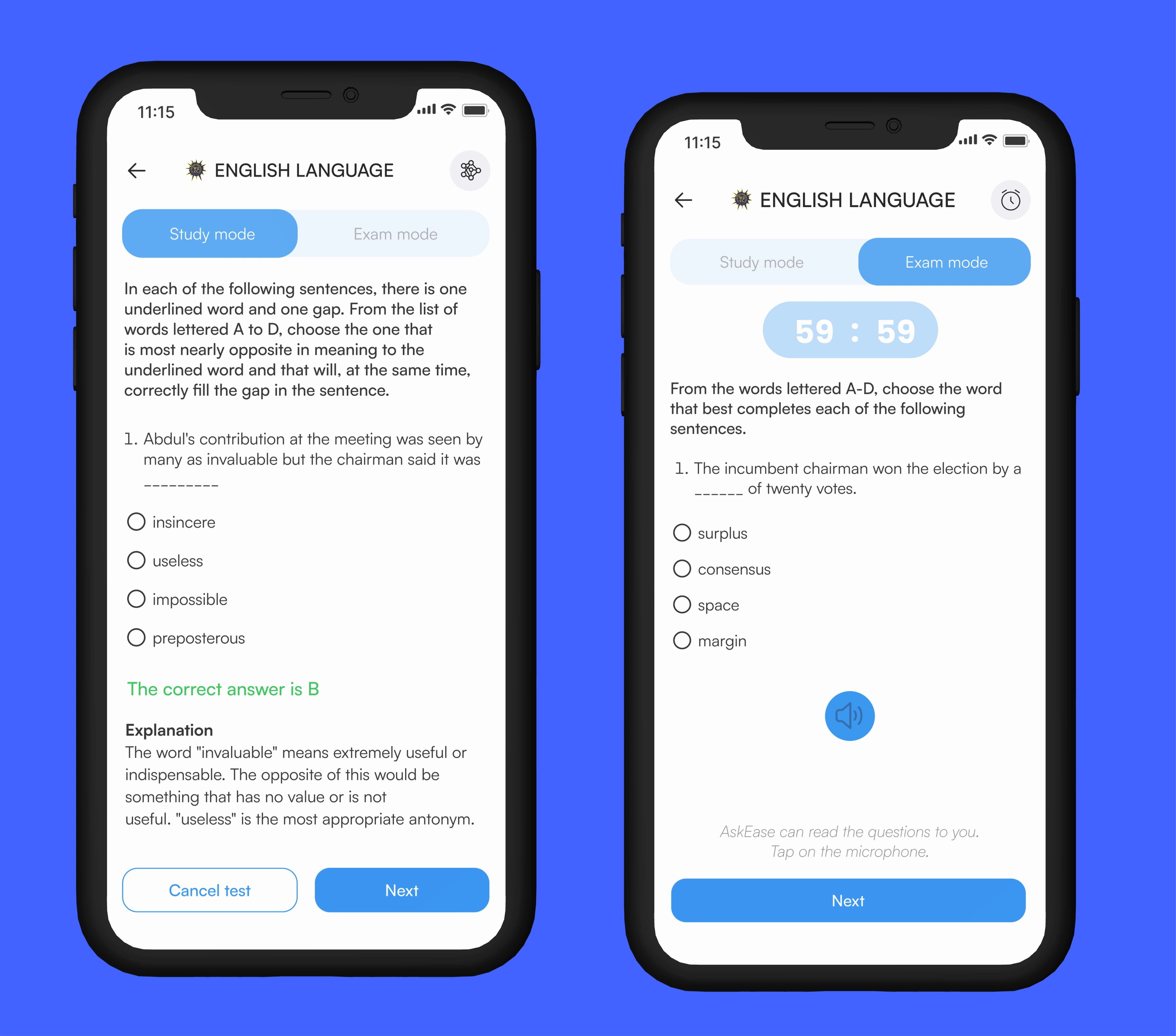 Study mode screen is where answers to each questions will be provided to users, they also have the opportunity to ask AI. Exam mode is where they will be timed and will only be able to view their results at the end of the test.