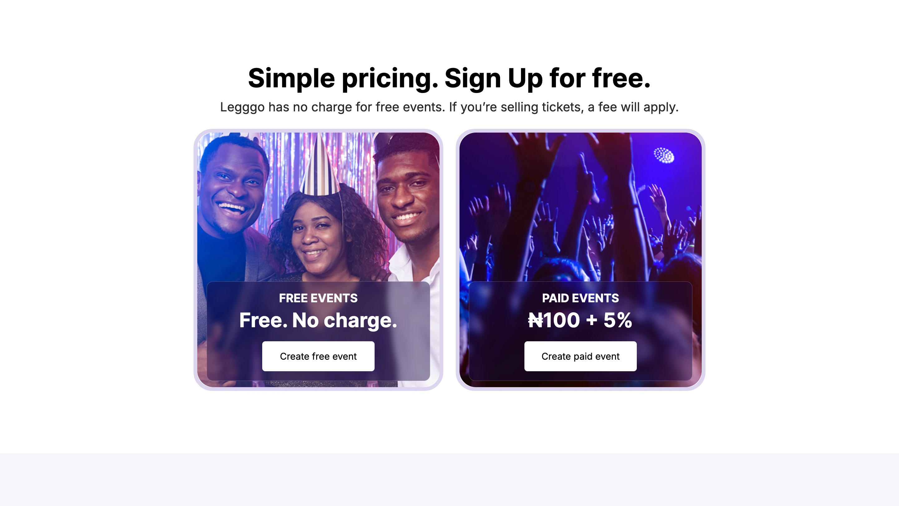 Pricing section showing pricing details for free and paid events