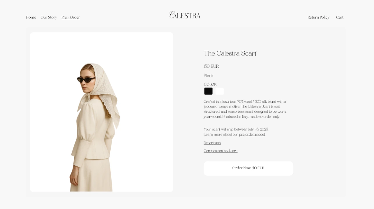 A symbolic first release. The product page is designed to feel like an extension of the brand world, blending quiet luxury with clarity. From poetic material language to a soft preorder CTA, the structure supports desire without pressure.