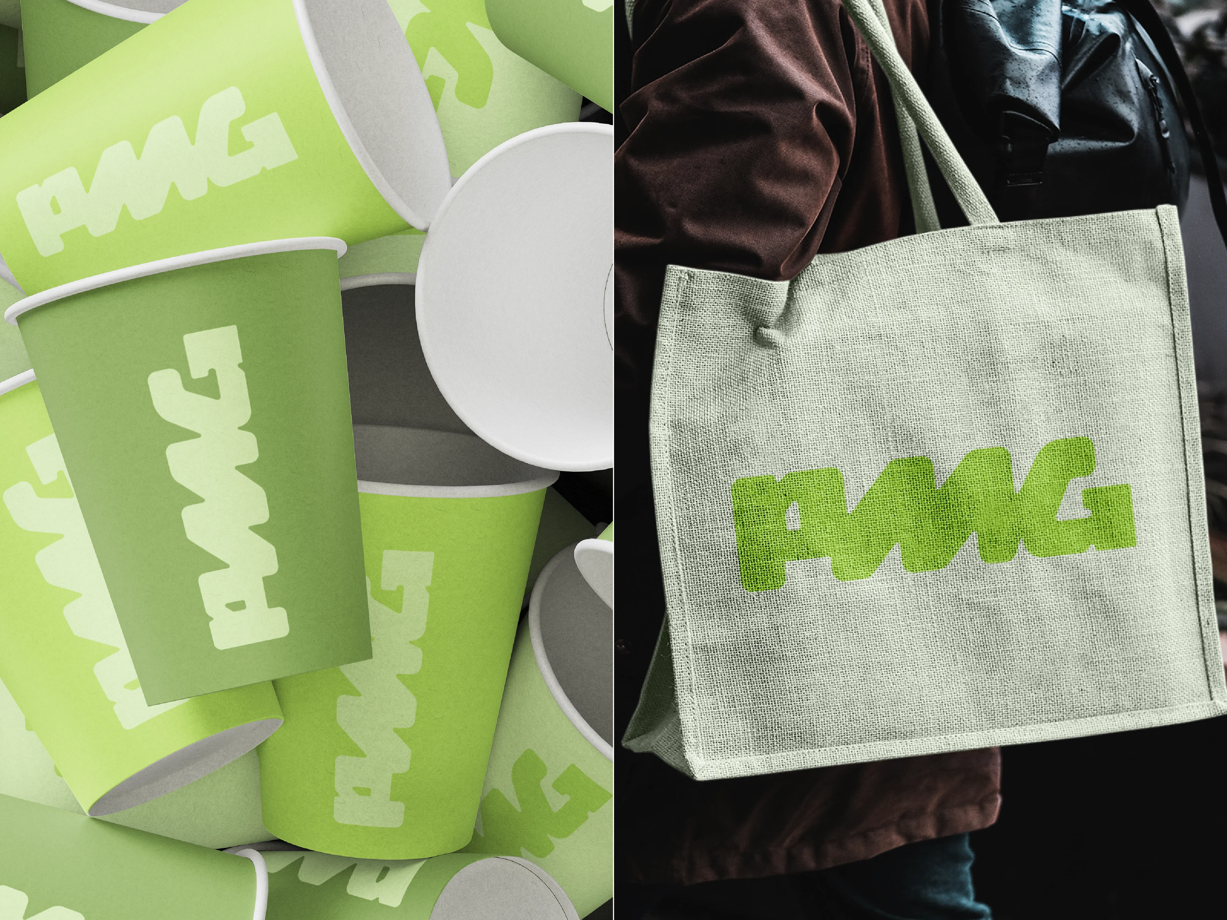 New PMG logo on branded cups and canvas tote on new color palette.