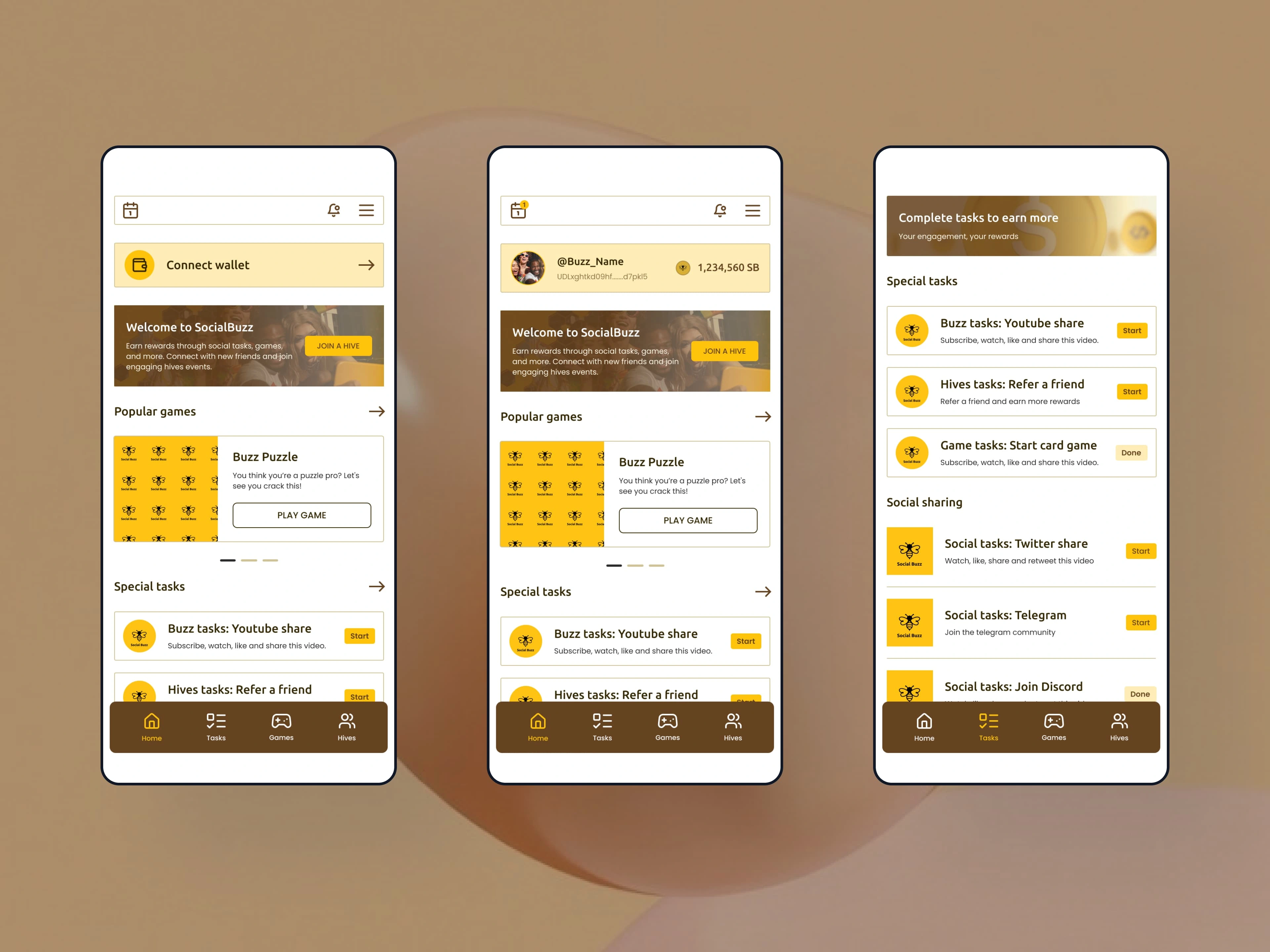 Home Screens (Logout & Wallet Connect) plus Tasks Screen - Light Mode
