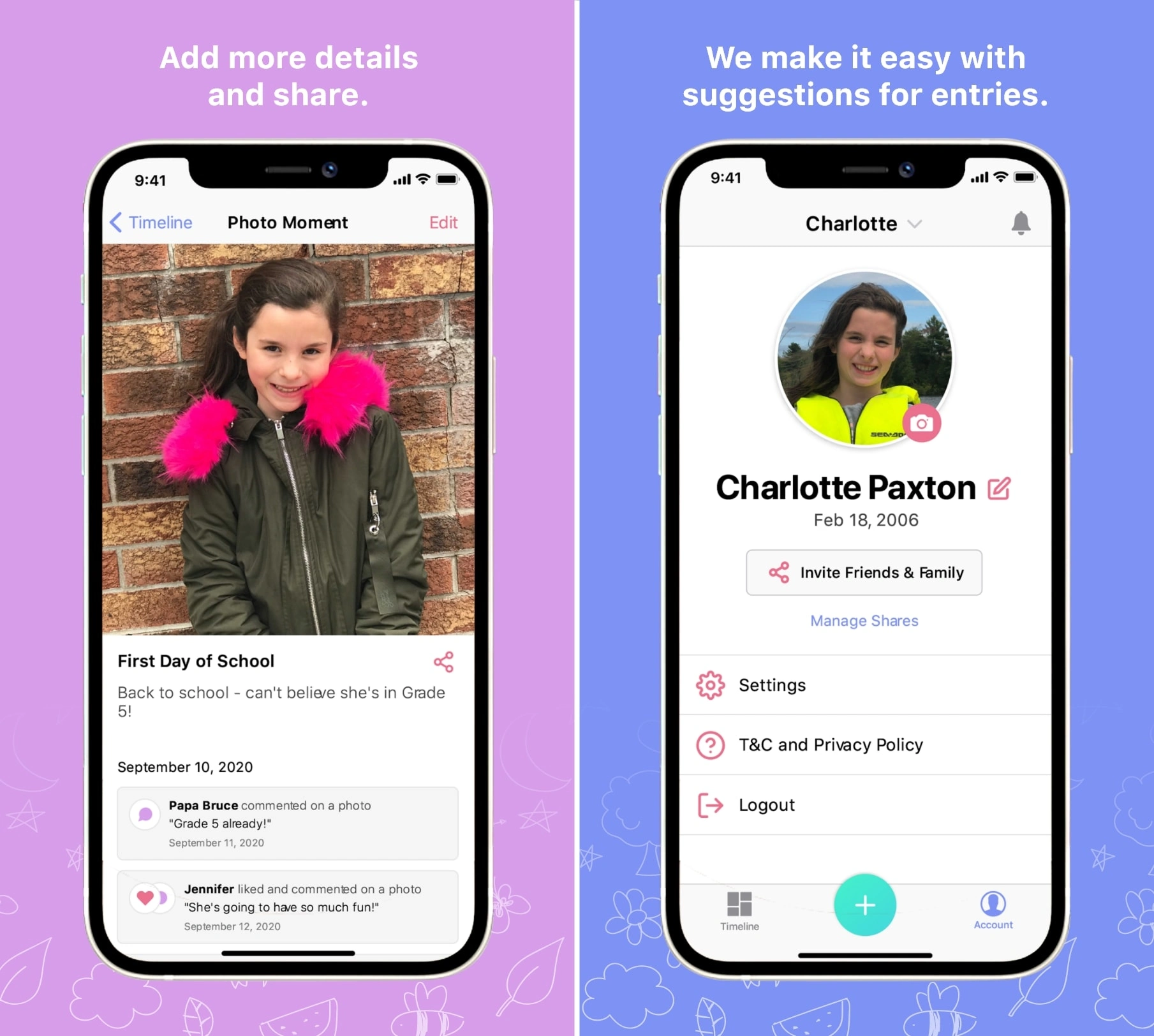 #Redesigned - Moment details (left) & Account tab (right)