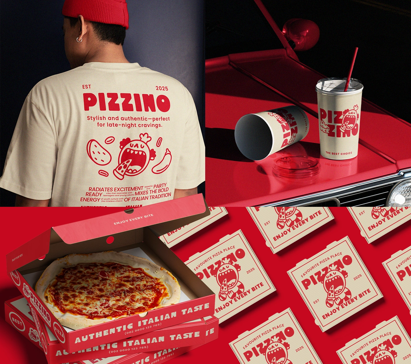 Playful red closing screen with Pizzino mascot and tagline about pizza stories returning.