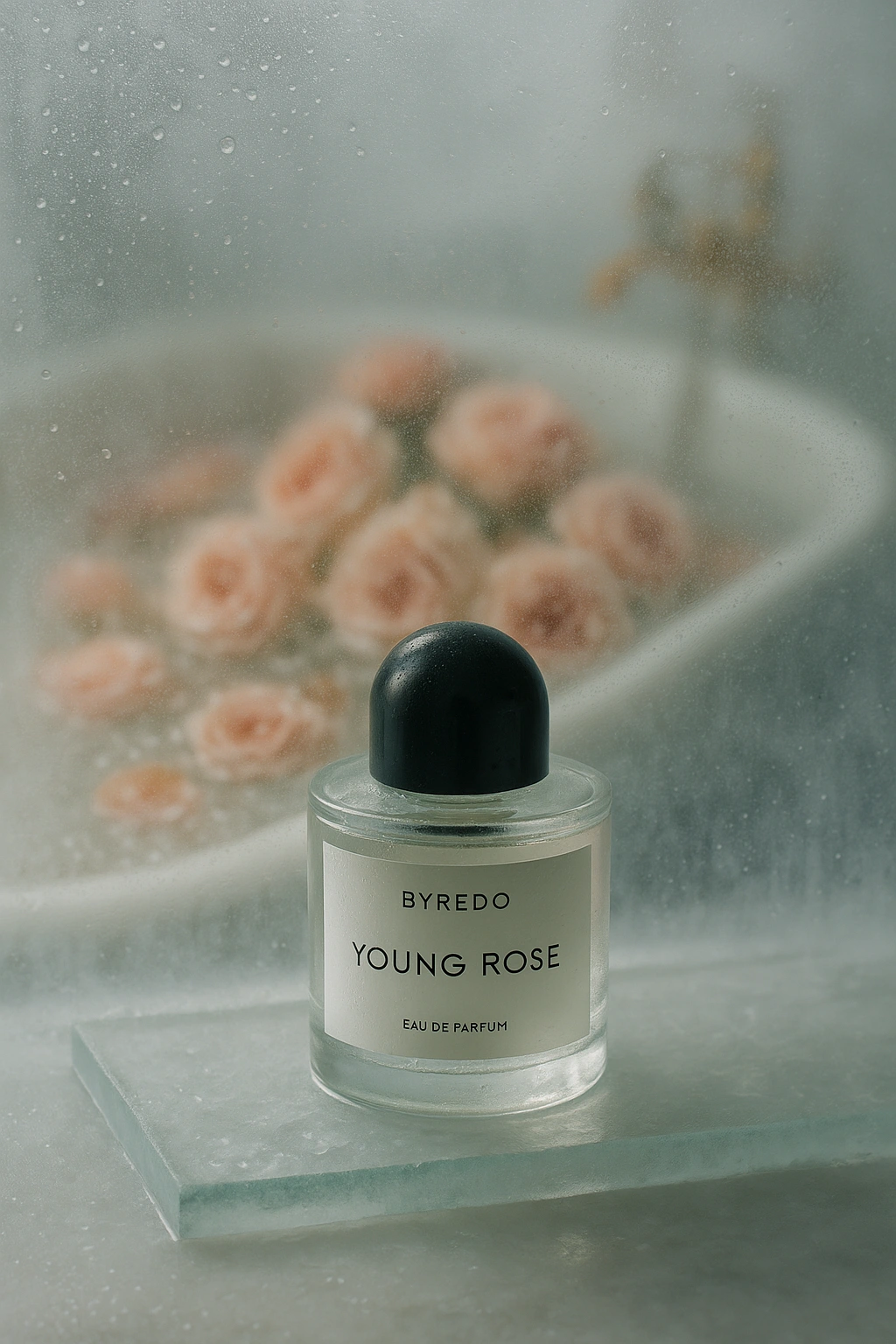 "Still and suspended — a product shot styled as sculpture. Clean lines, cool tones, and condensation frame the bottle as an object of quiet tension."