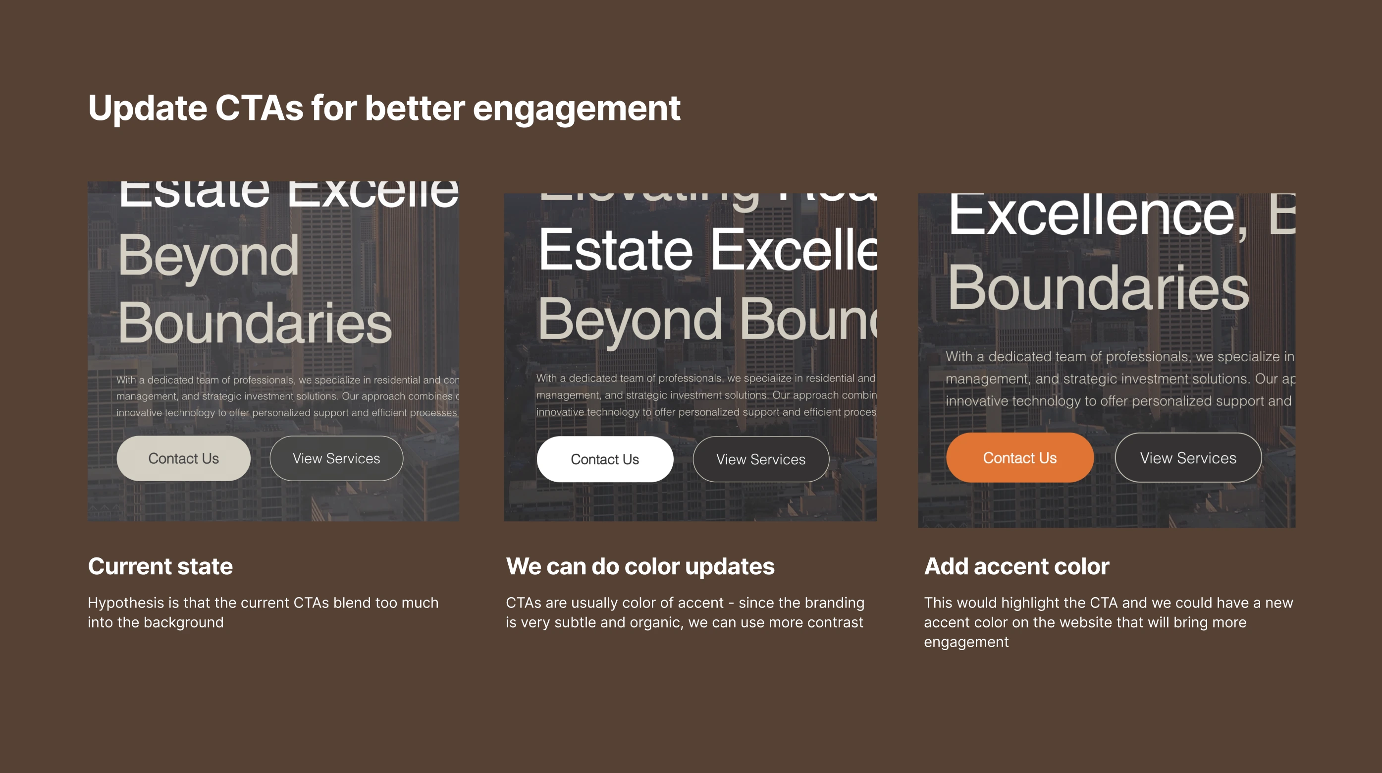 Screenshot from the iteration of the UX audit we did after tracking the first version. We decided to go with the orange one and it received 66% more clicks. than the previous state. 