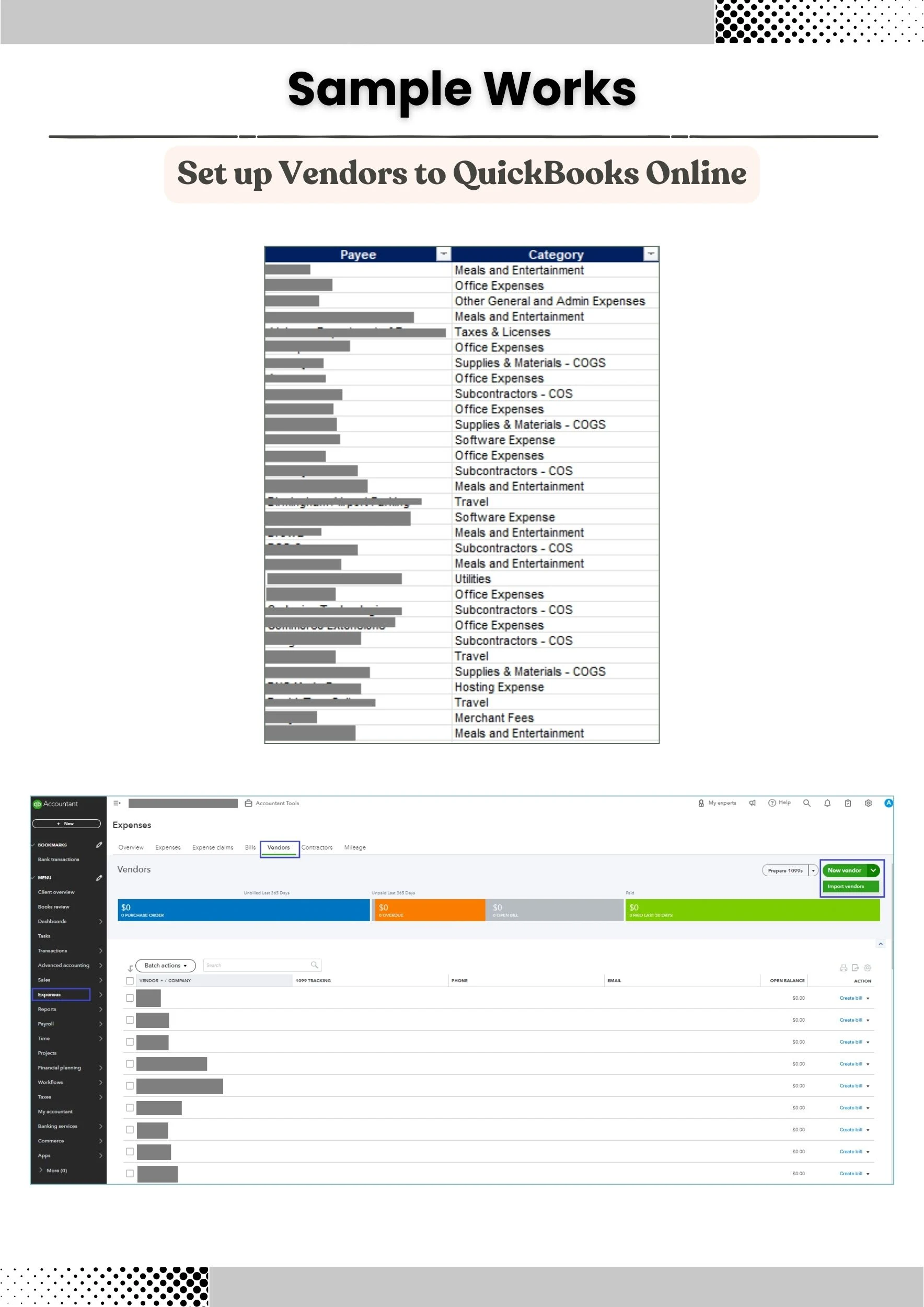 Set up Vendors to QuickBooks Online