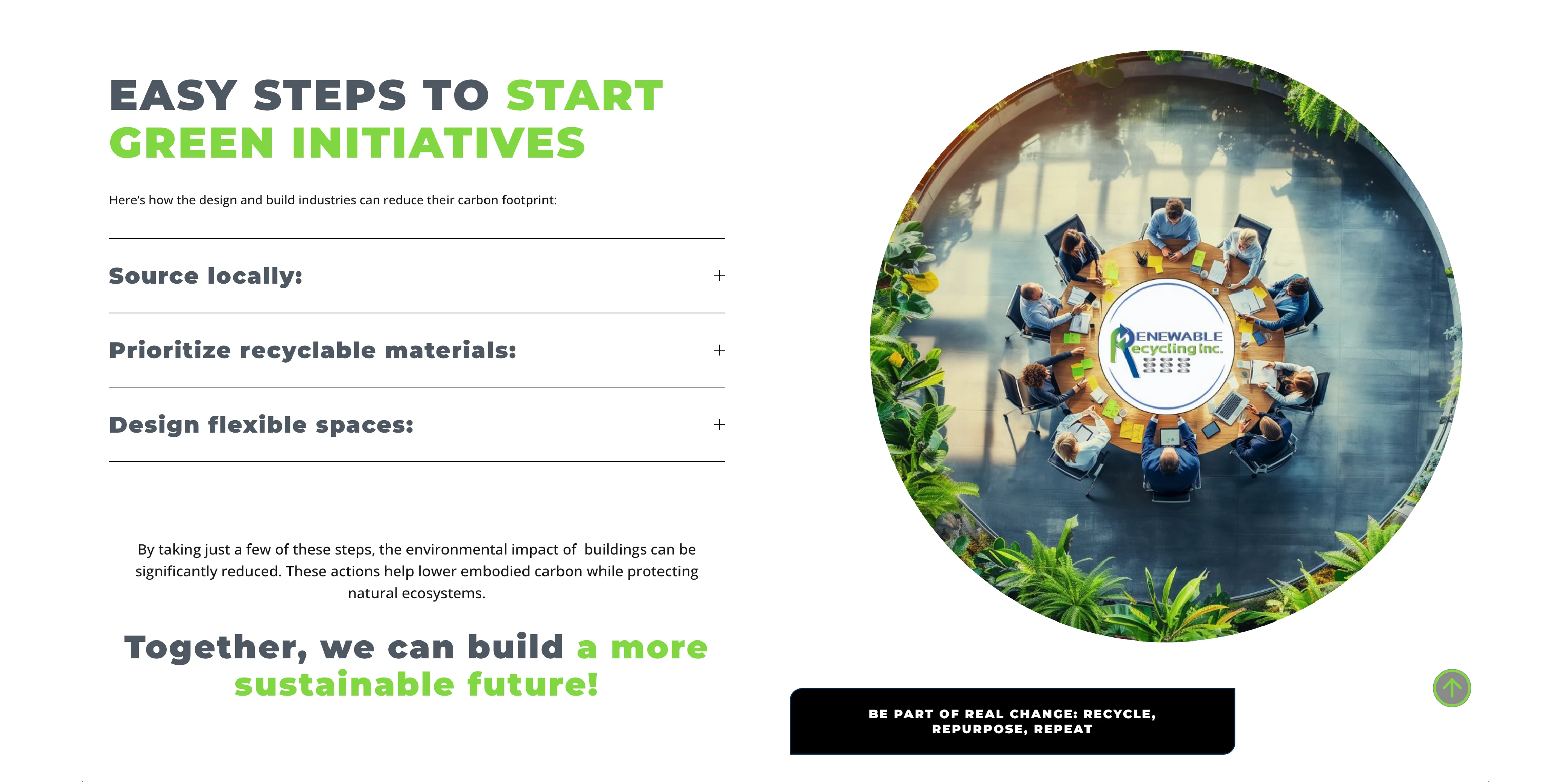 Branded visuals and clear calls to action drive engagement showcase RRI’s logo in action, custom imagery, and SEO-focused steps that inspire visitors to start making a sustainable impact.