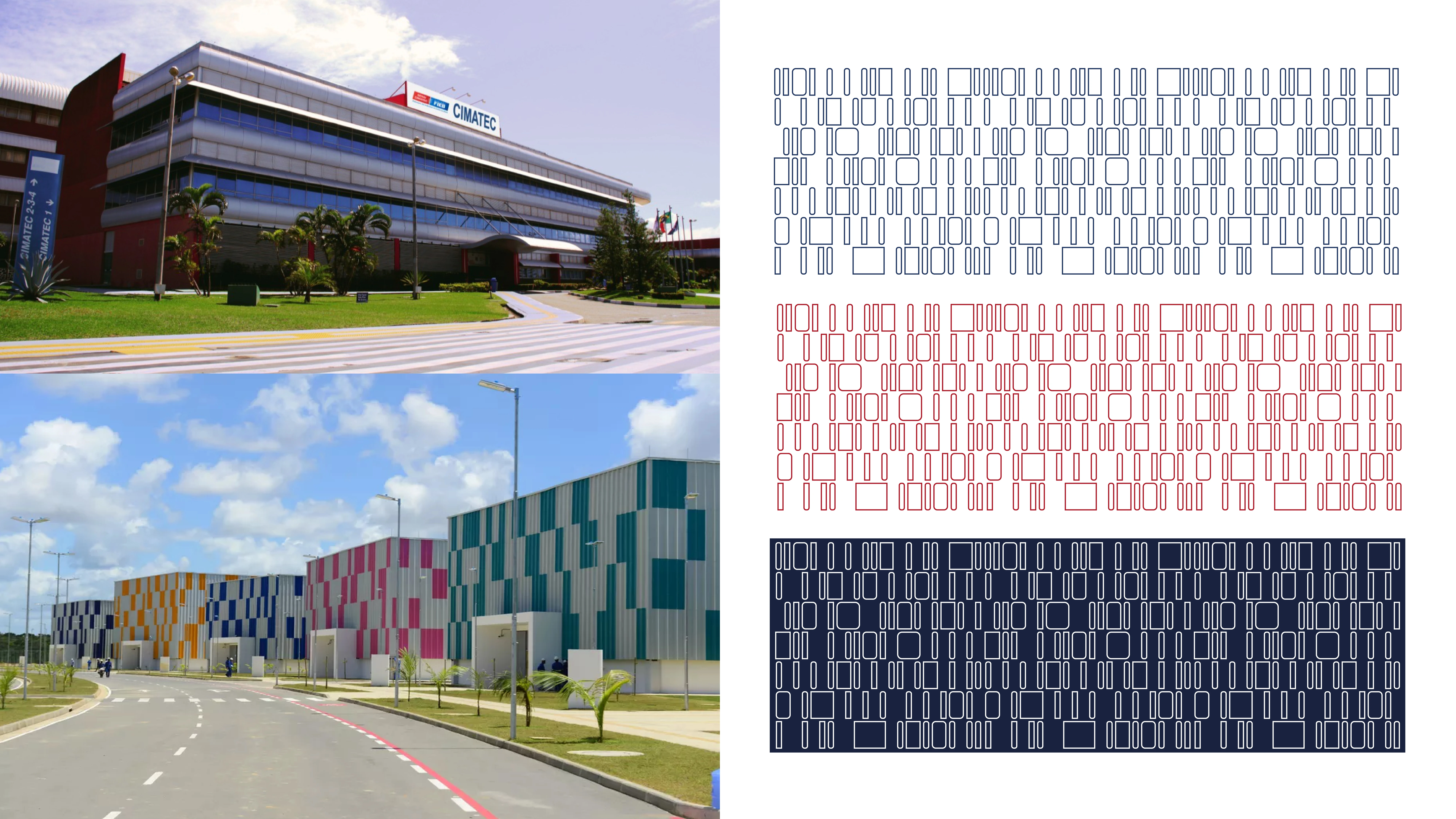 On the left, pictures of SENAI CIMATEC and their Technological Park. On the right, the visual pattern inspired by them.
