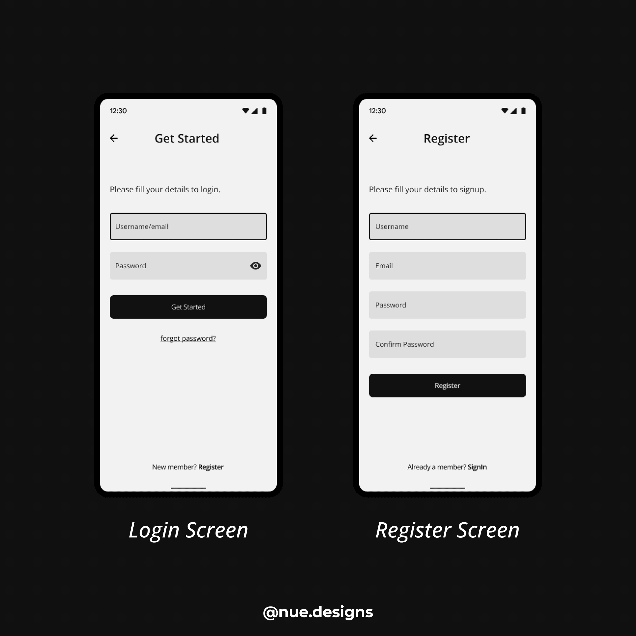 login screen and register screen
