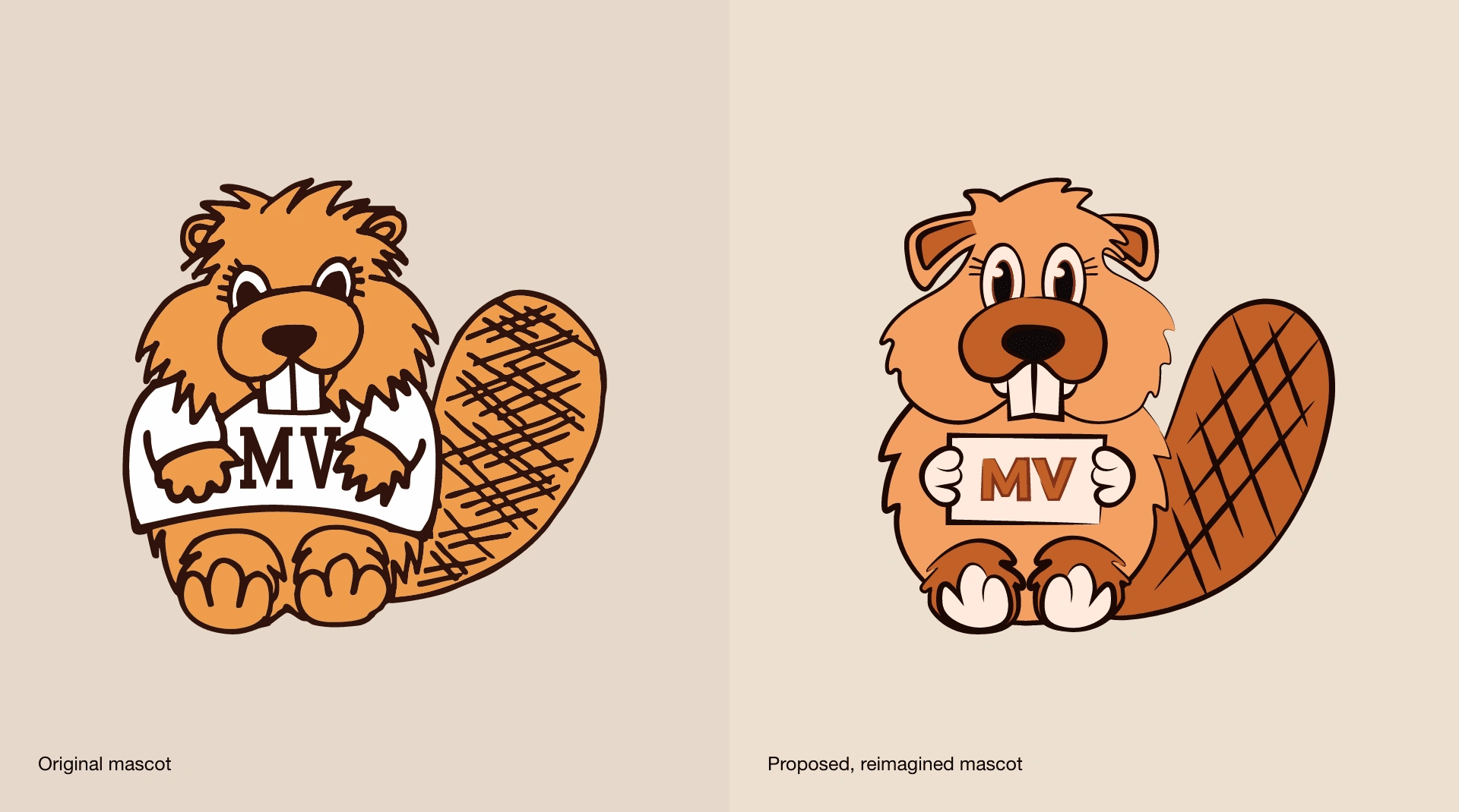 Reimagined mascot concept, showing before and after.