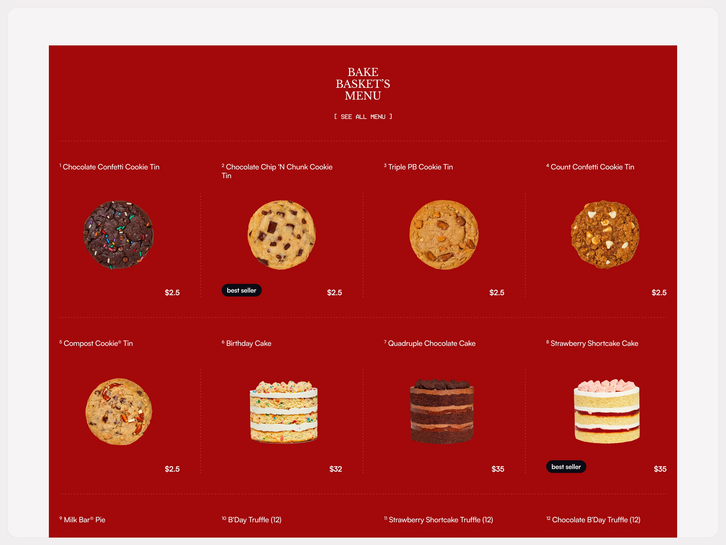 Menu Section of Bake Basket’s Landing Page