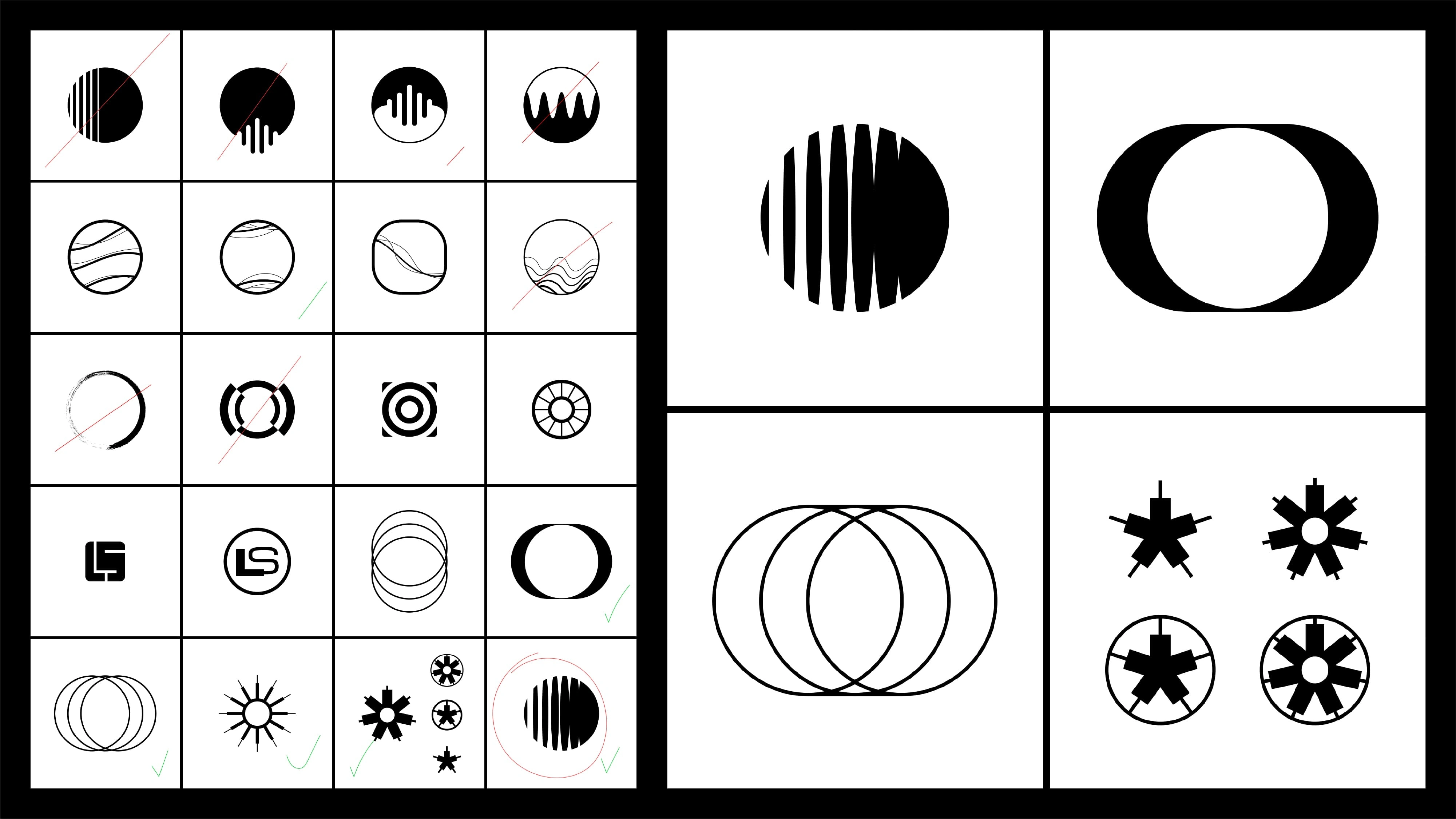 Early logo explorations, directions later discarded due to resemblance or tone mismatch.