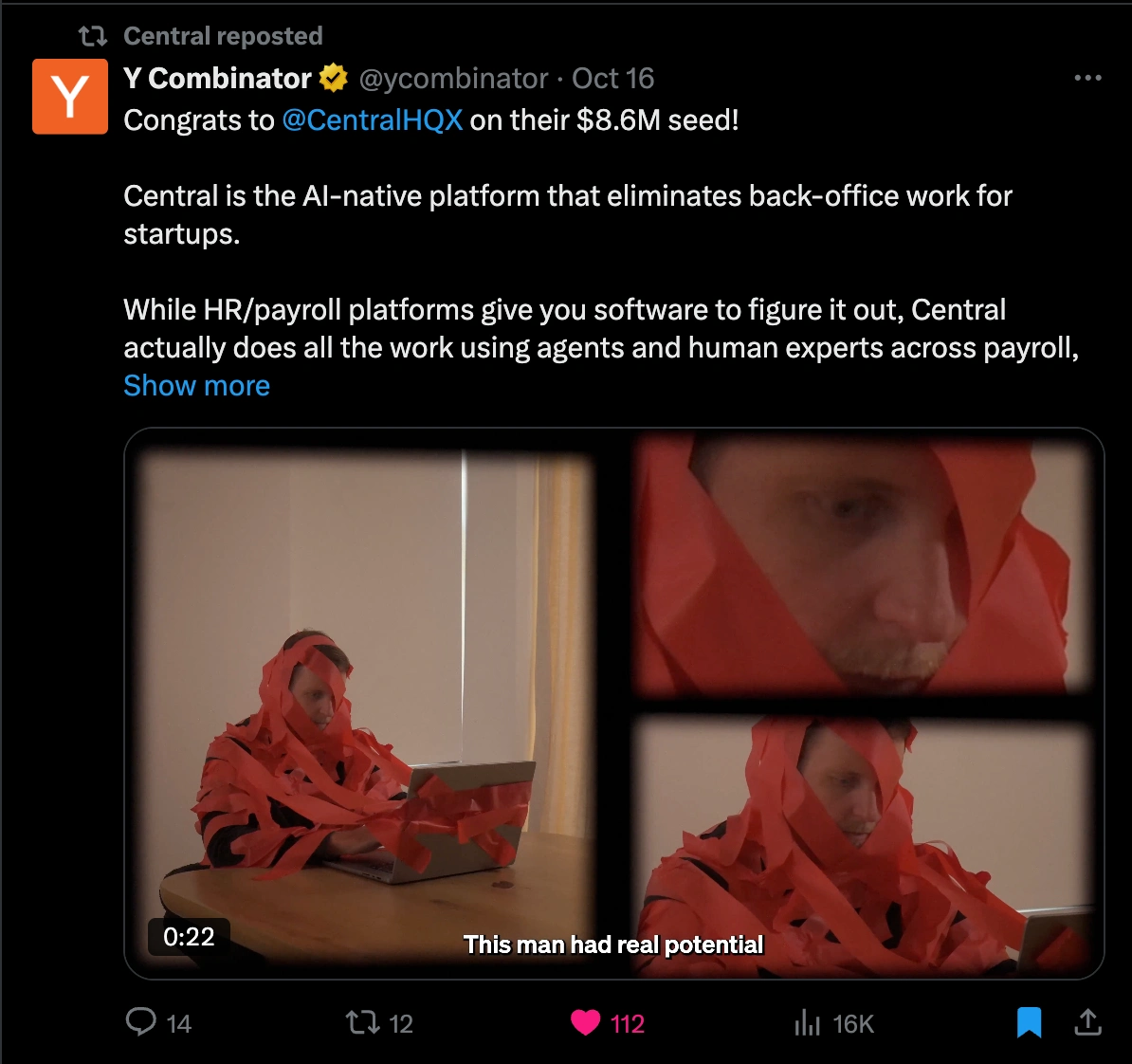 X Post on 10.16.25 by Y Combinator for the Commercial Launch