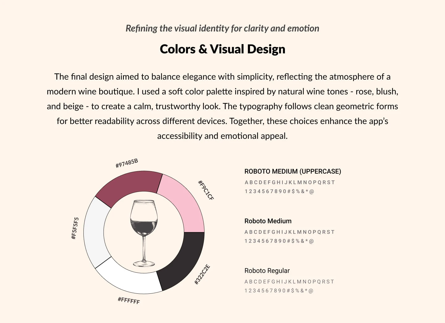 Color palette and typography defining the visual identity, inspired by rose, blush, and wine hues for emotional clarity.