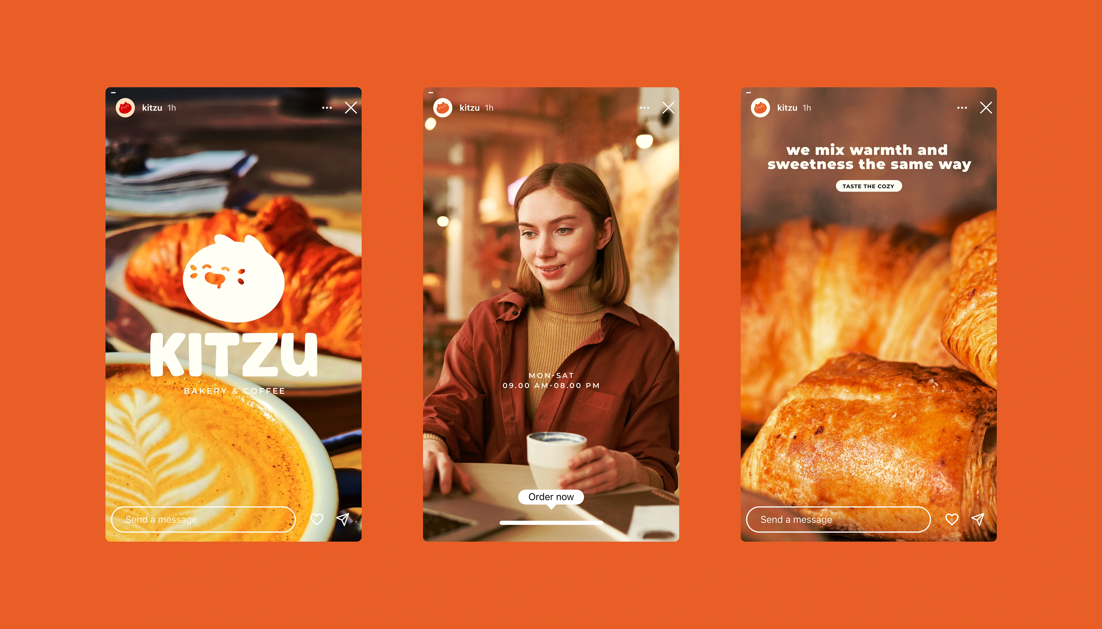 Kitzu social media story layout showing croissants, coffee, and cozy café atmosphere.