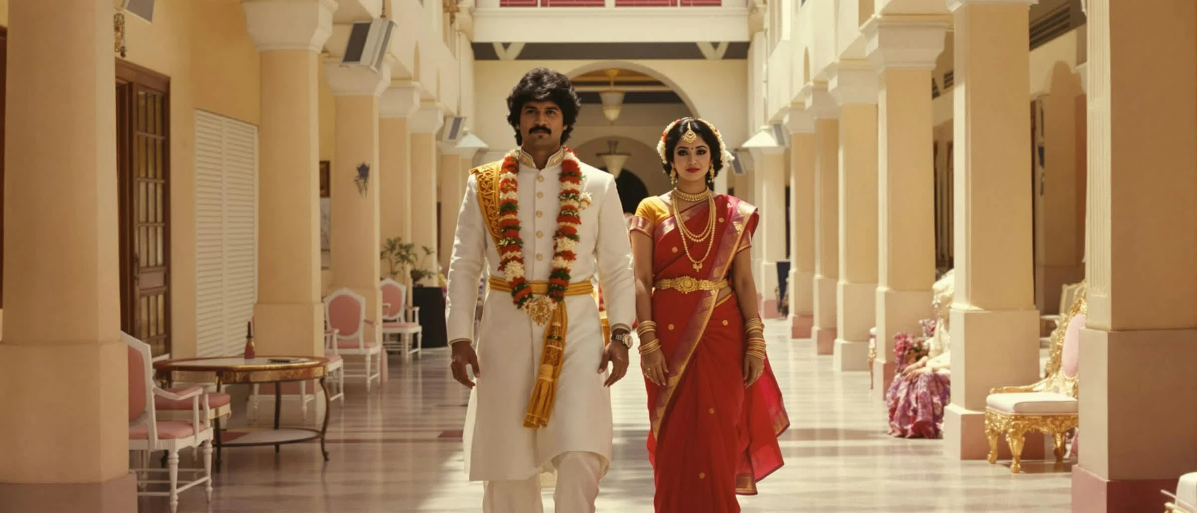 Indian couple walking down the hall