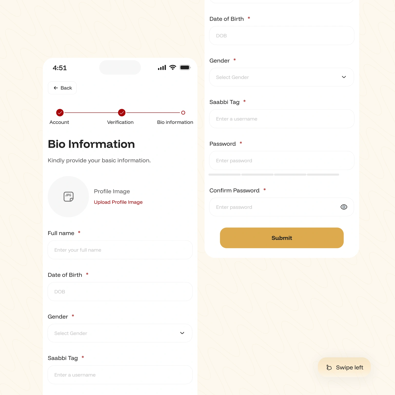 Bio details collector screen for quick KYC plus password setup