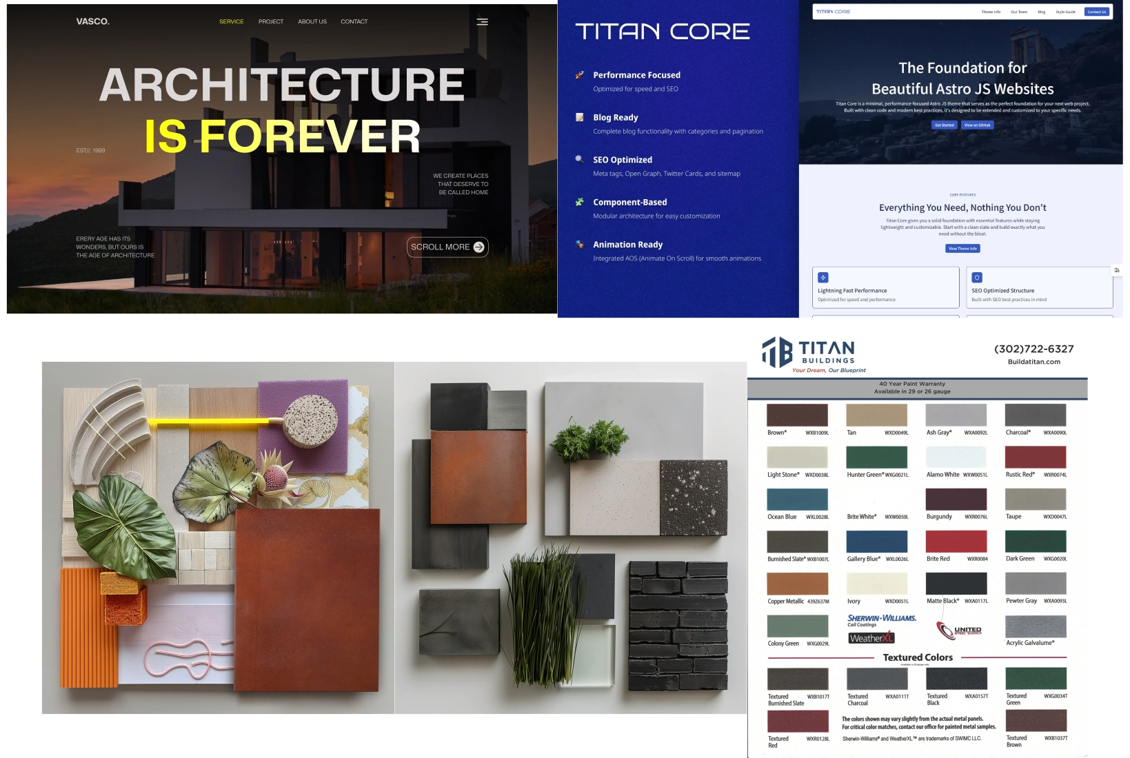 Moodboard with imagery of architecture, material palettes, typography direction
