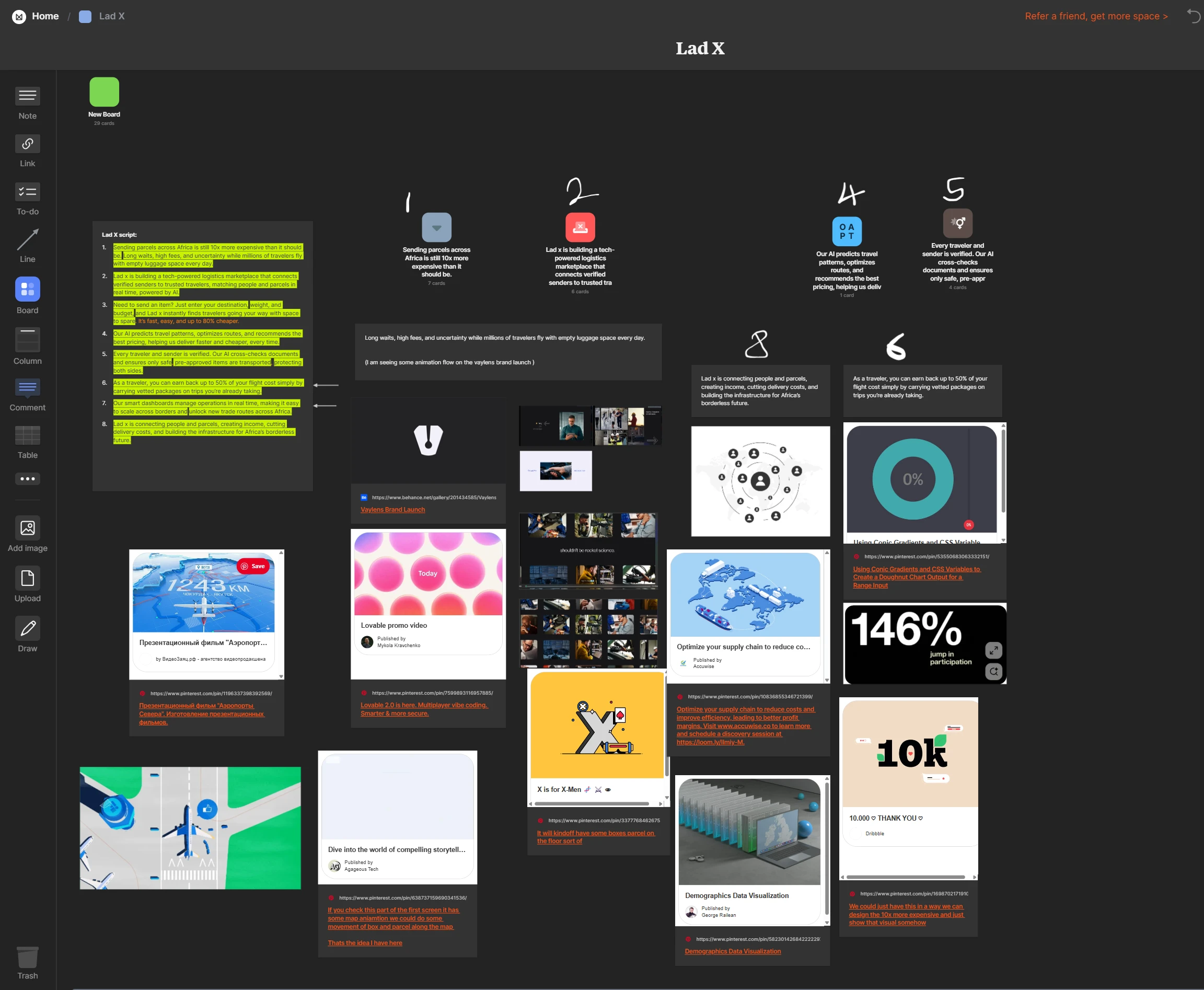 LadX Research and storyboarding in Milanote