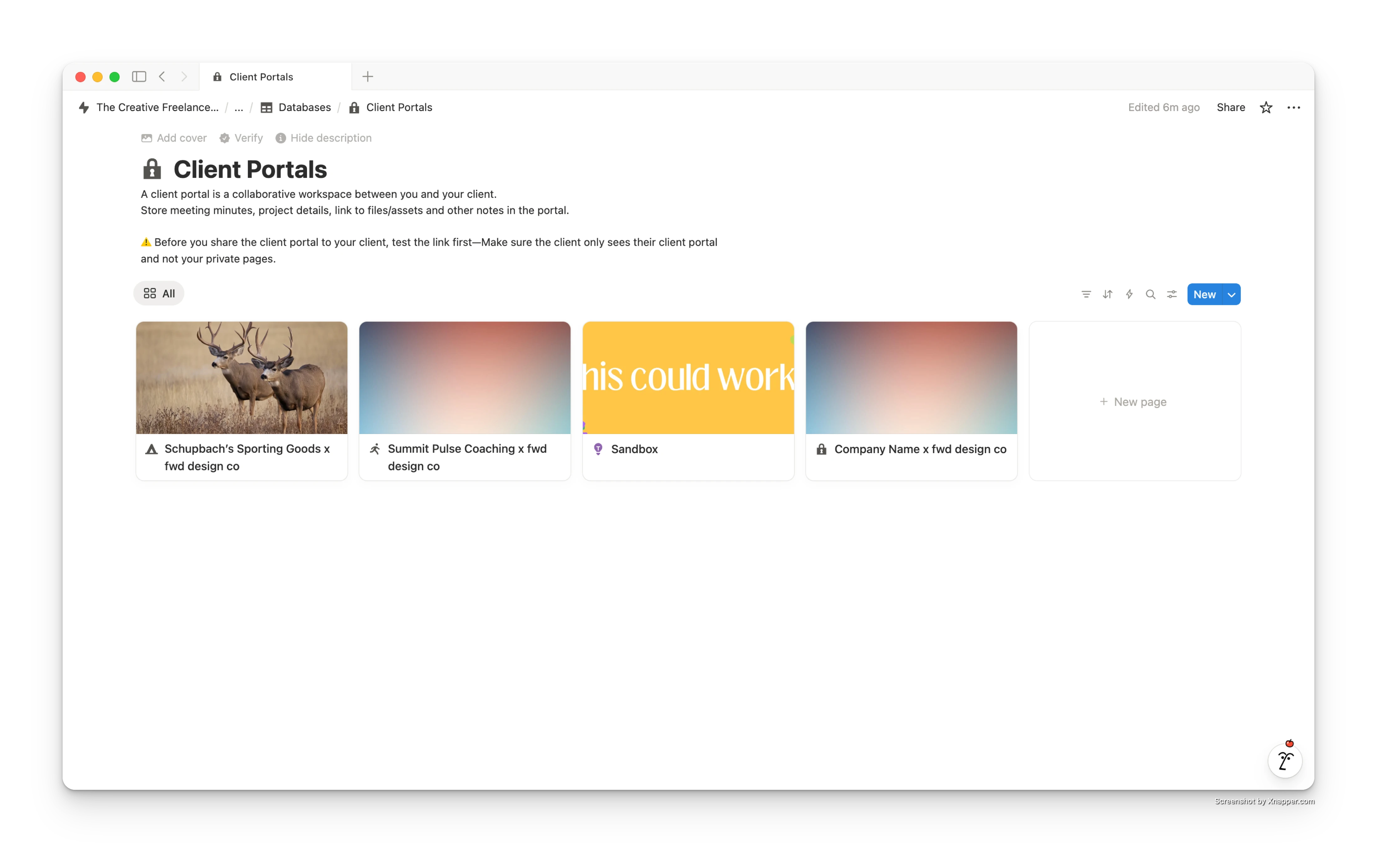 The Notion database of client portals, where each new Stripe subscription automatically creates a dedicated workspace for that client.