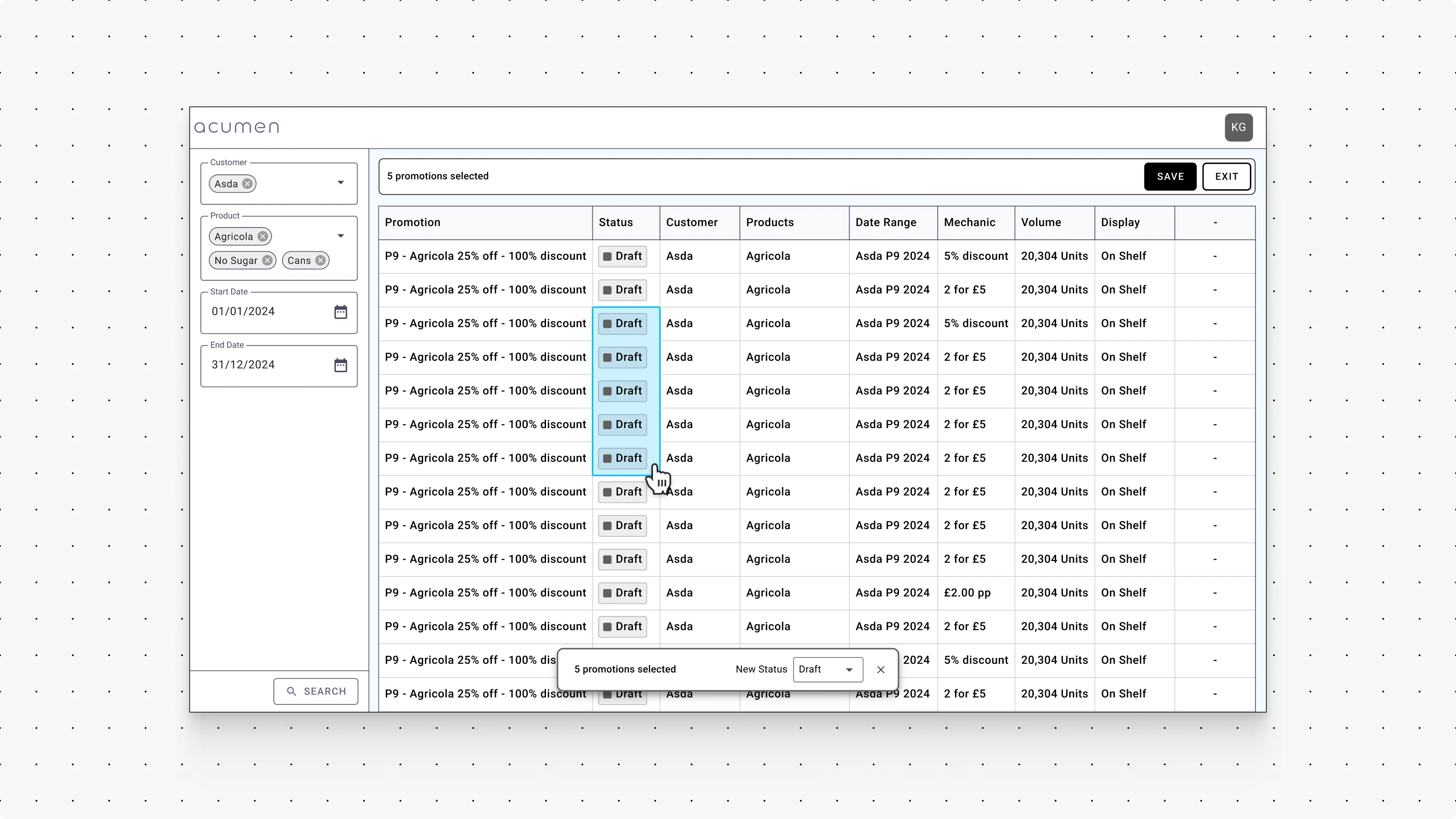 Concept explored for a Bulk editing table - so users could change individual properties quickly from one screen