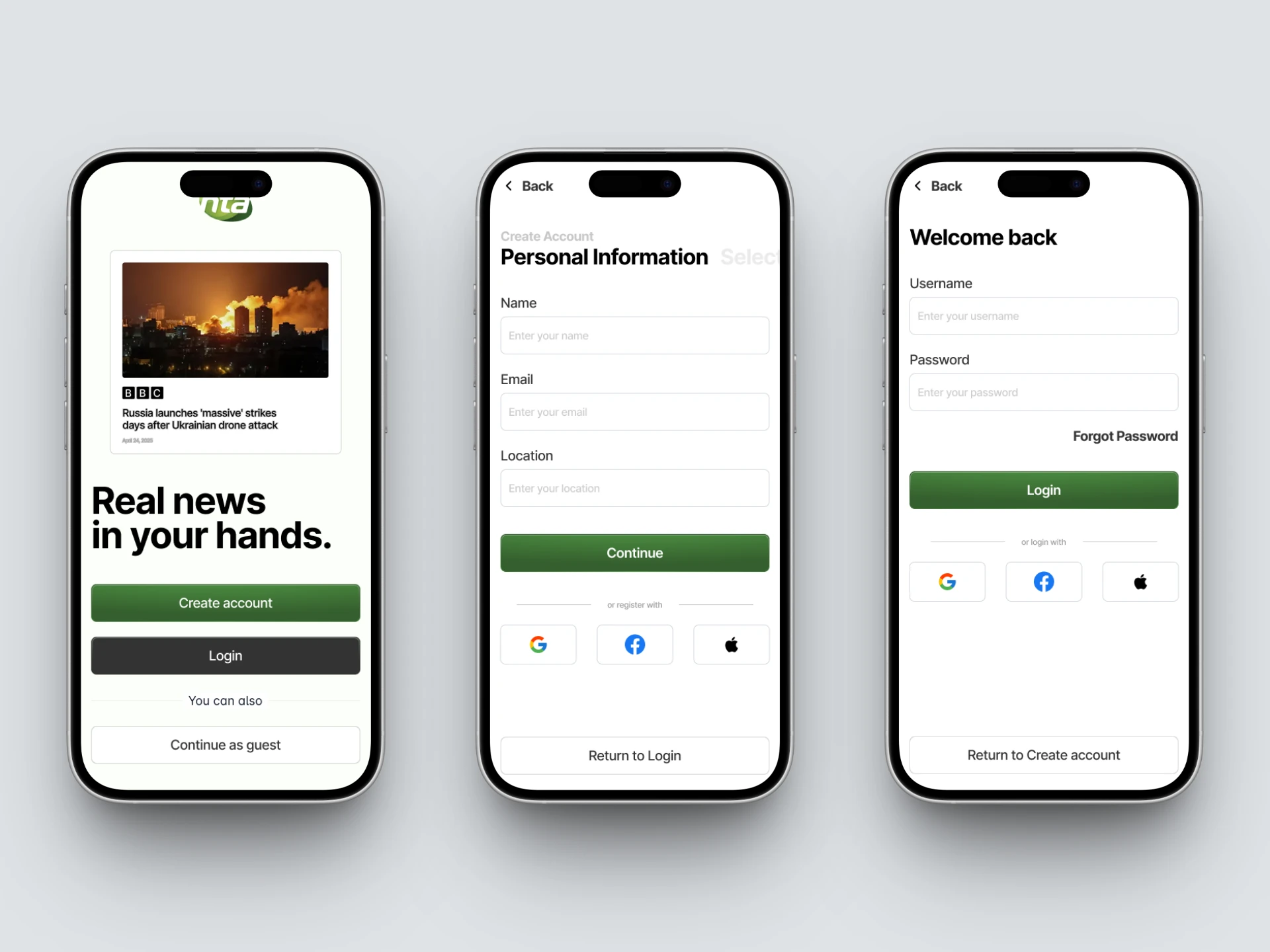 Onboarding screens for NTA News app designed to feel quick, visual, and personal.
The goal is to make jumping into the app feel as seamless and familiar as scrolling through your favorite stories.
