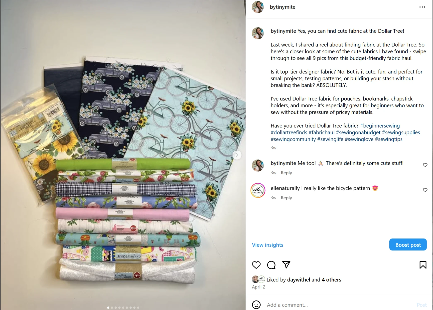 Sample Instagram post featuring original photography paired with a caption that highlights a source for fabric shopping and encourages community interaction. 