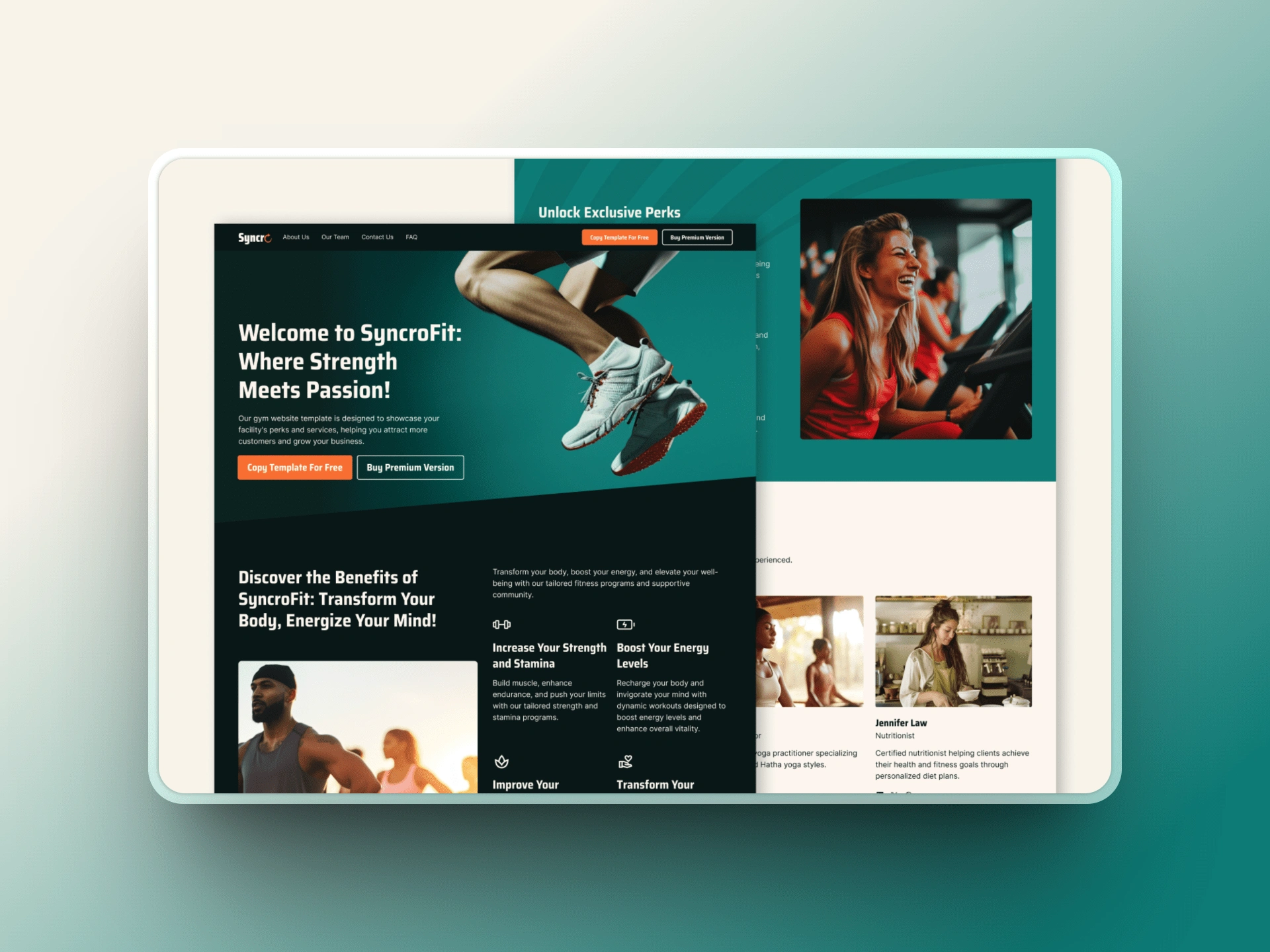 SyncroFit is a bold gym template with a vibrant design, crafted to convey energy, activity, and a dynamic fitness experience.